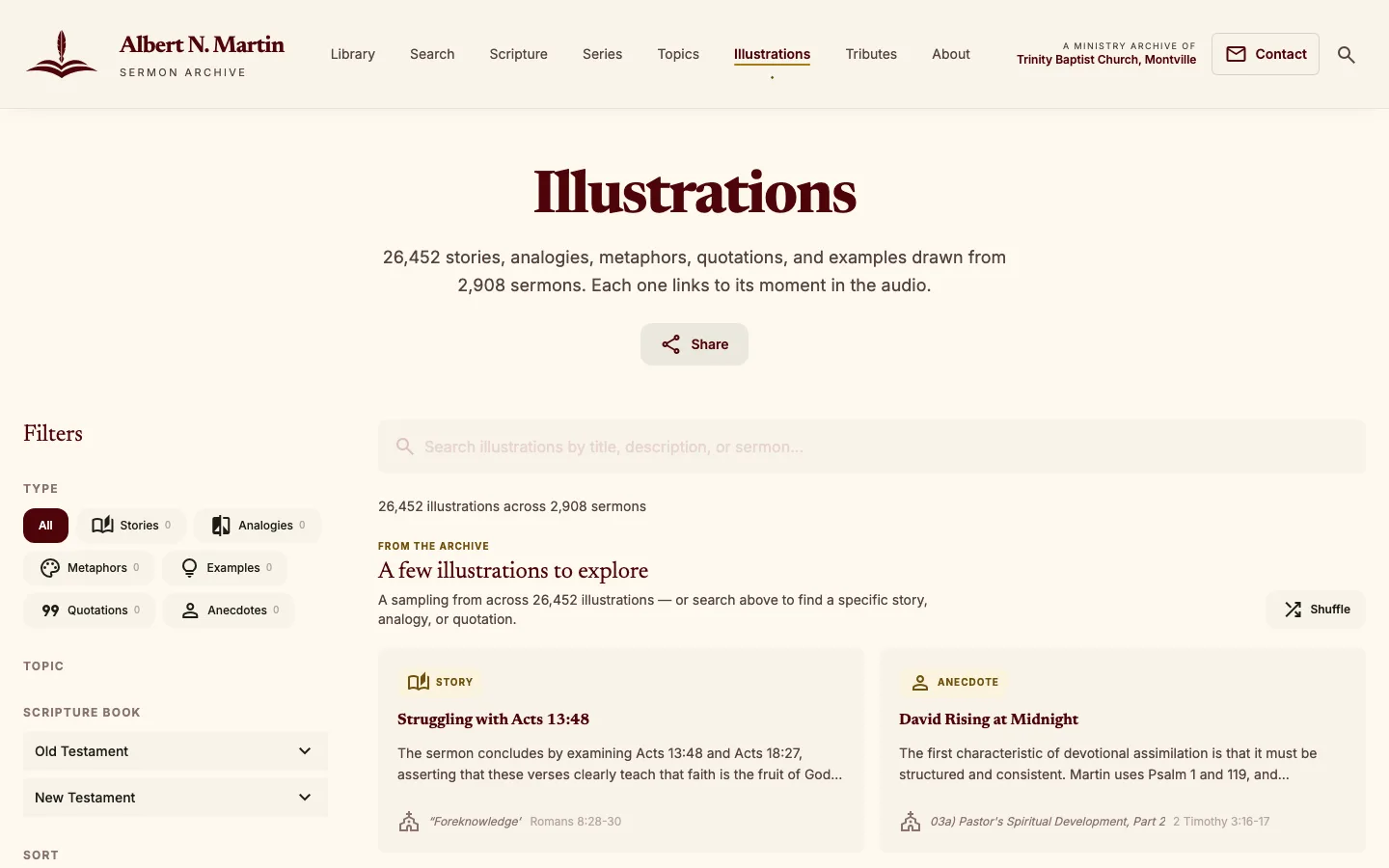The Illustrations Library — 26,452 stories, analogies, metaphors and quotations, filterable by type, topic and Bible book.