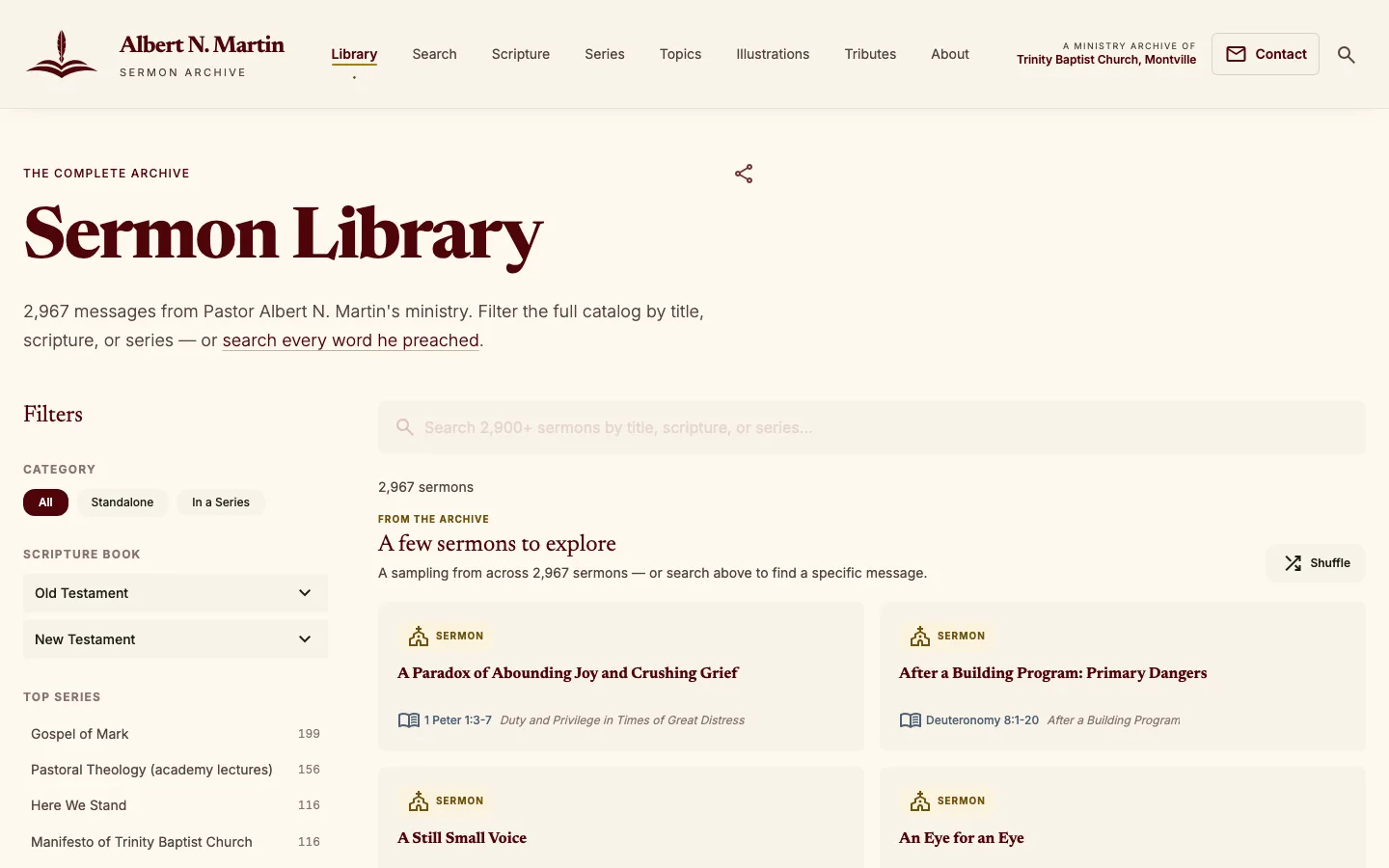 The full sermon library with filters for category, Scripture book and series.
