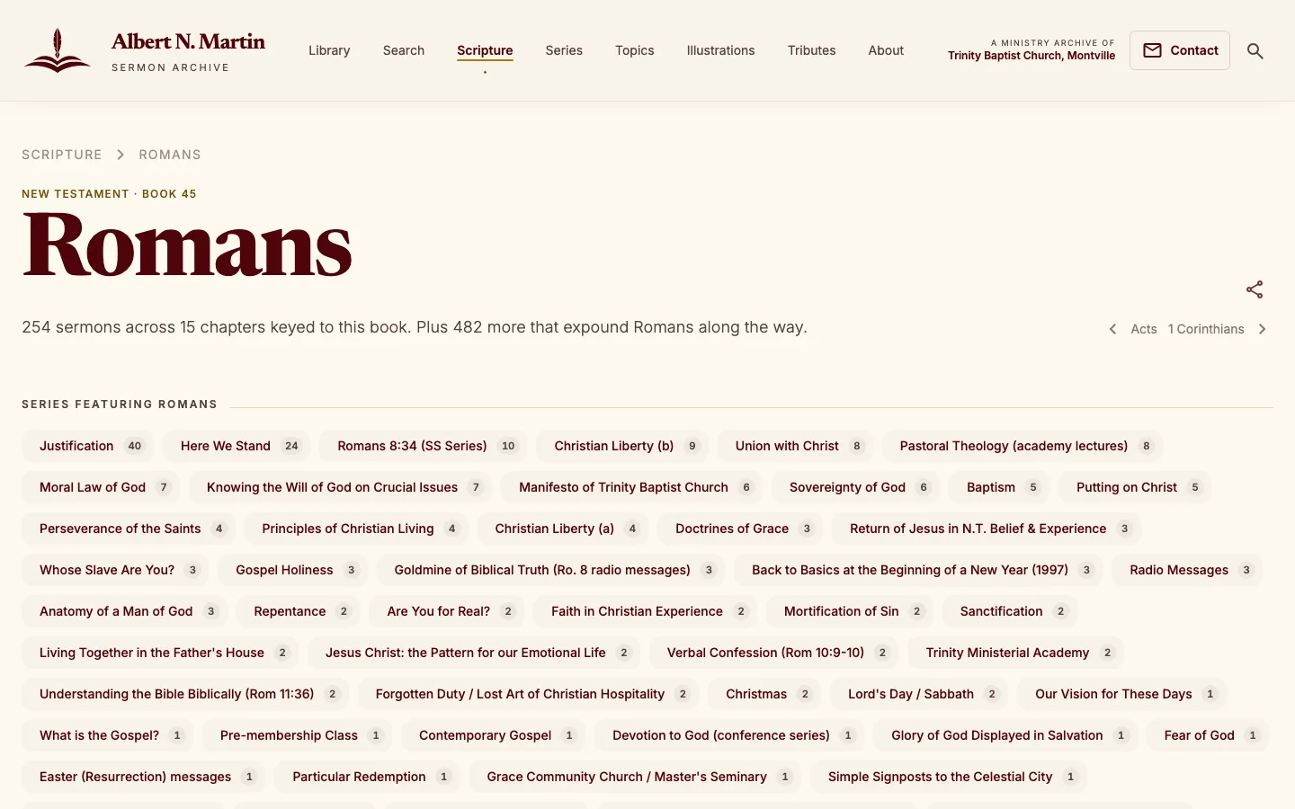 Browsing sermons by Scripture — every chapter of Romans with its associated sermons.