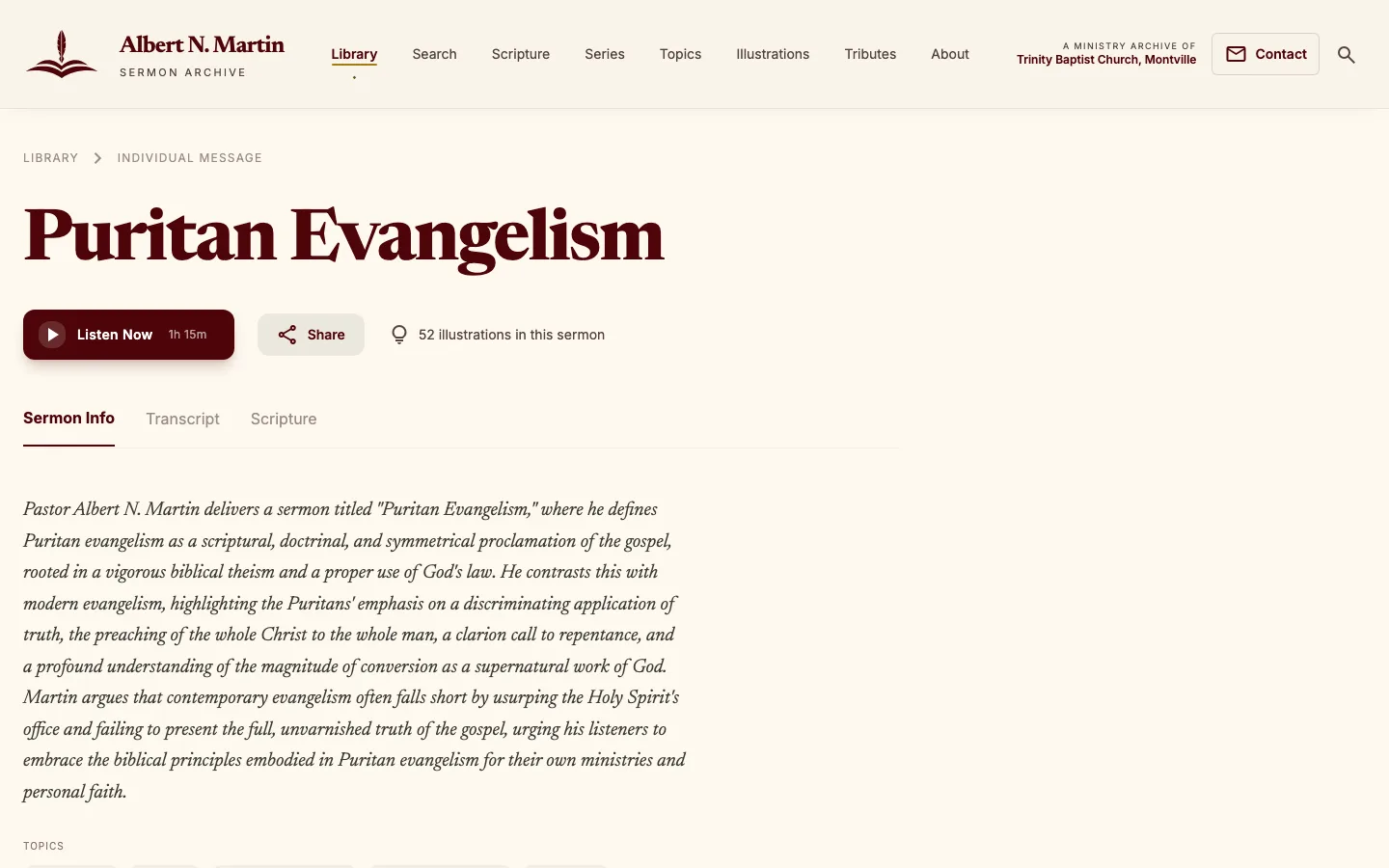 A single sermon page showing an AI-written summary, a 'Listen Now' button, and '52 illustrations in this sermon'.