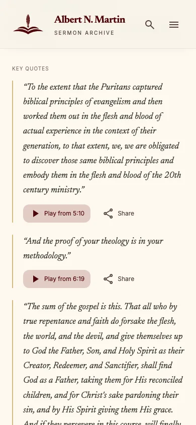 Click-to-play transcript quotes on a phone.