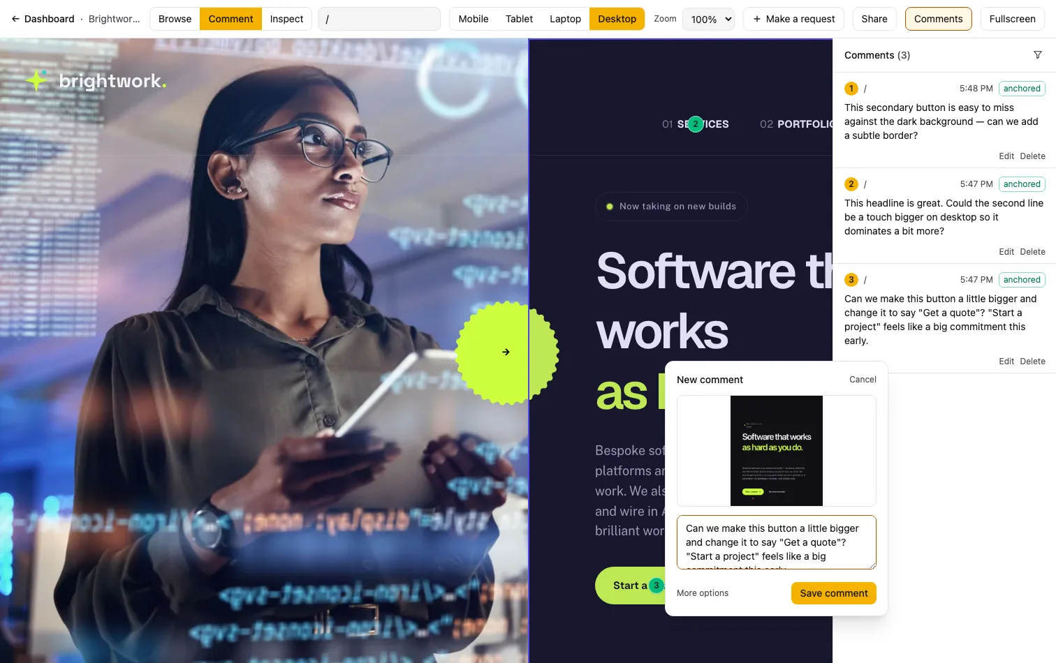 A client leaving a pinned comment in Brightmark: the targeted element is highlighted and a popover composer shows a preview of that element beside the comment rail.