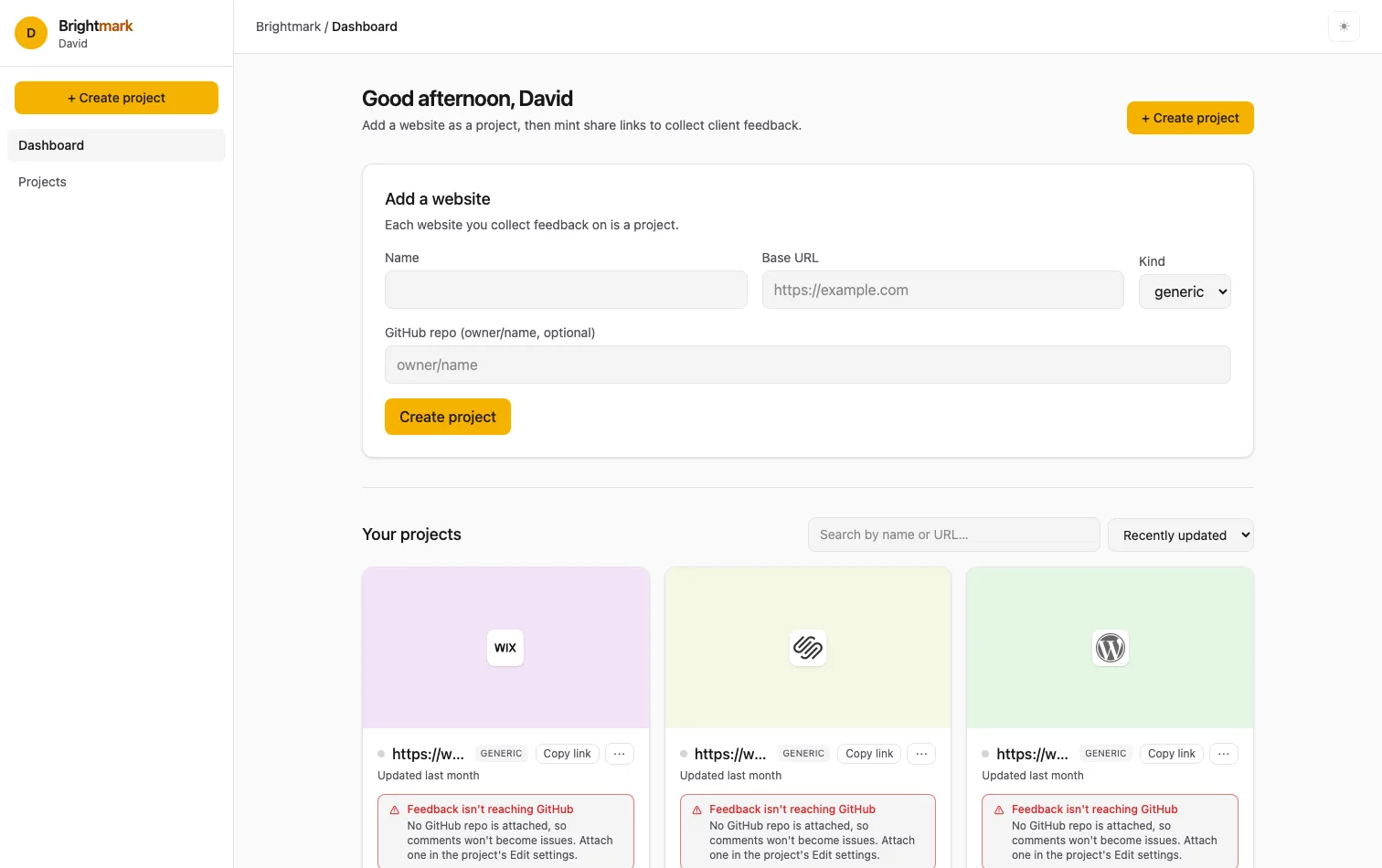 The Brightmark projects dashboard, with an 'Add a website' action and cards for each website under review.