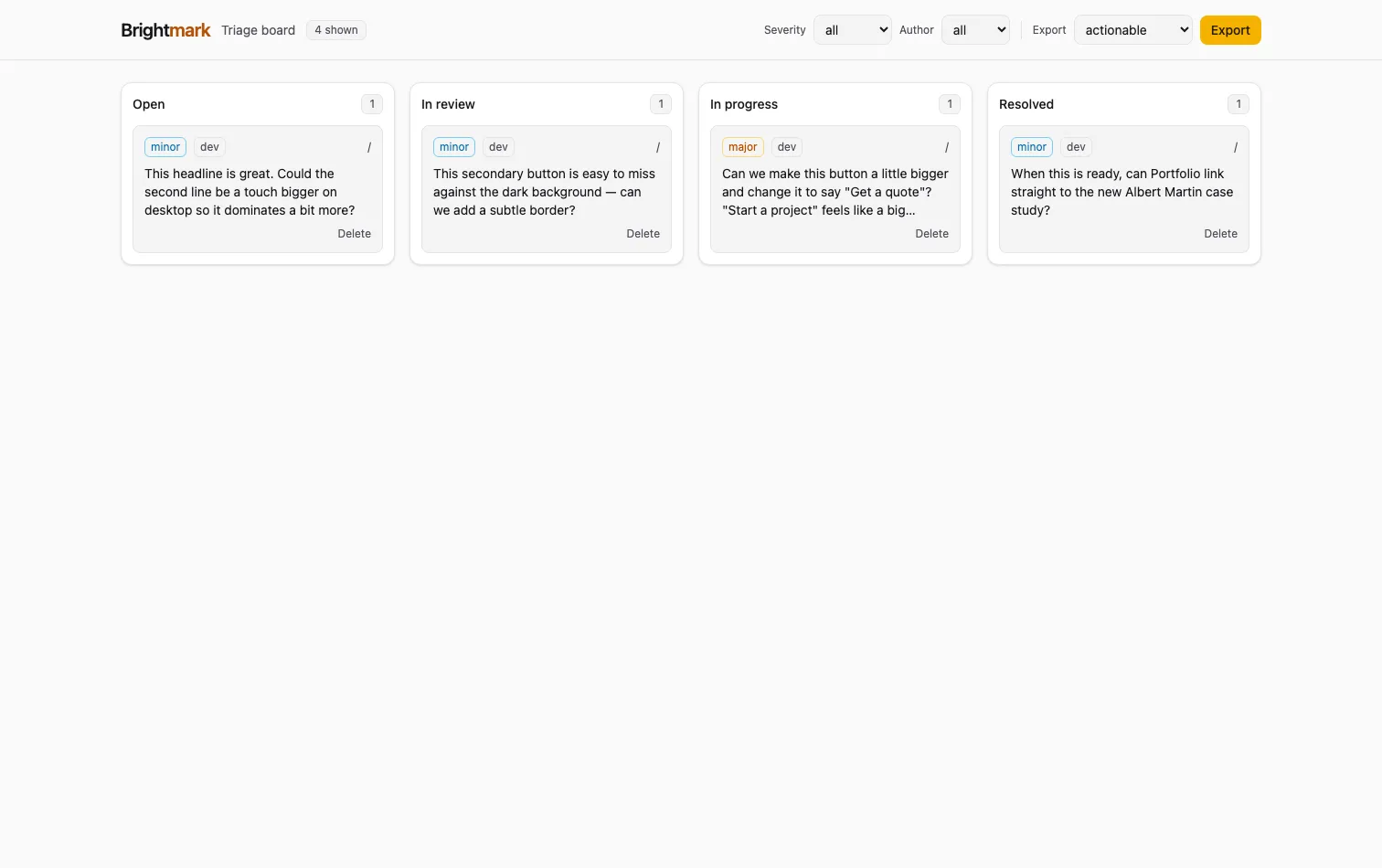 Brightmark's Kanban triage board with Open, In review, In progress and Resolved columns, cards tagged by severity and developer, and an Export control.
