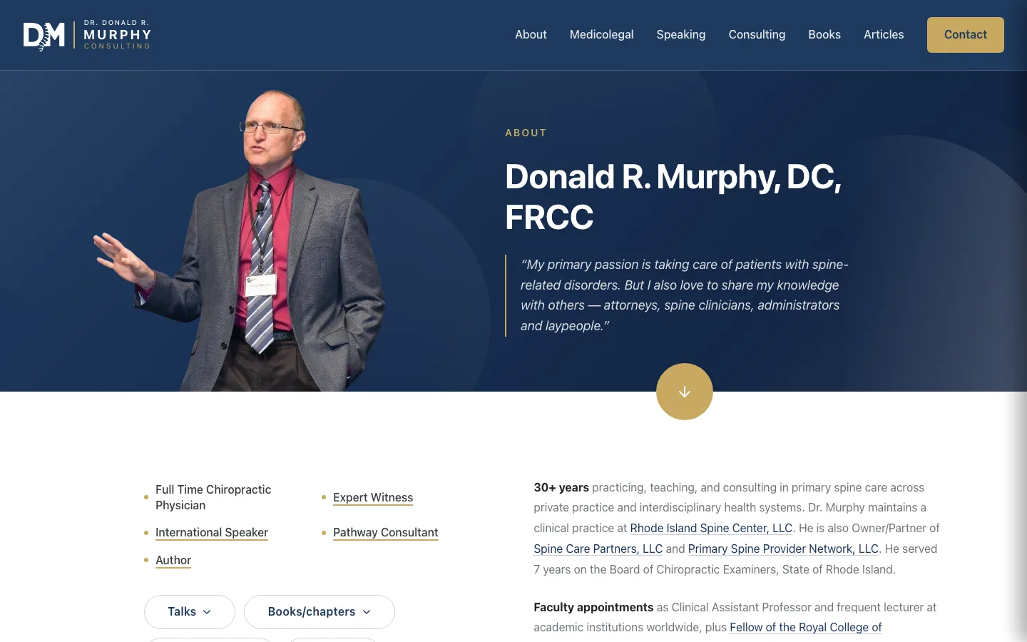 The About page — 'Donald R. Murphy, DC, FRCC,' his quote about loving to share his knowledge, credential chips (Expert Witness, International Speaker, Author, Pathway Consultant) and links to Rhode Island Spine Center, Spine Care Partners and the Primary Spine Provider Network.