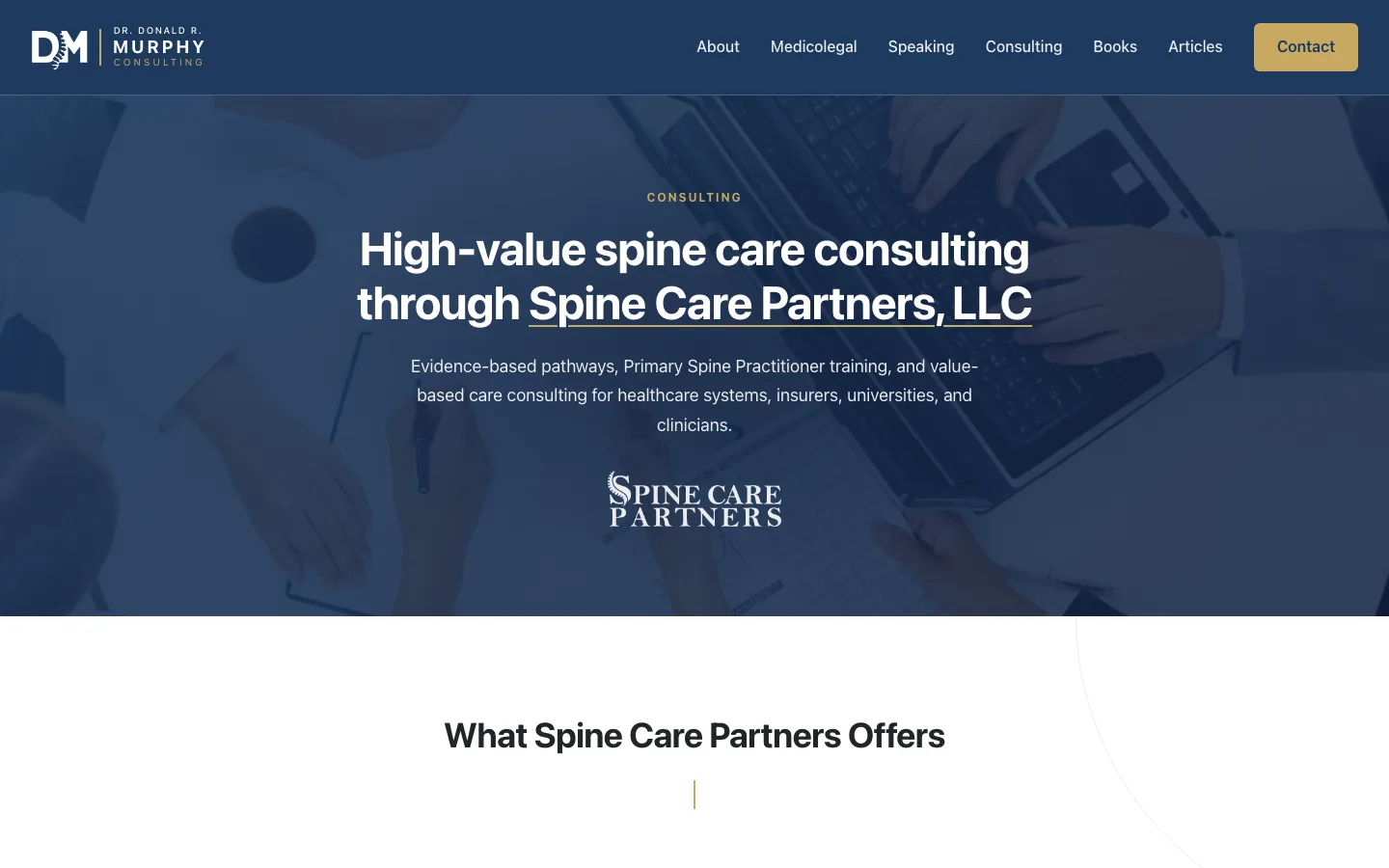 The consulting page — 'High-value spine care consulting through Spine Care Partners, LLC,' with the Spine Care Partners wordmark.