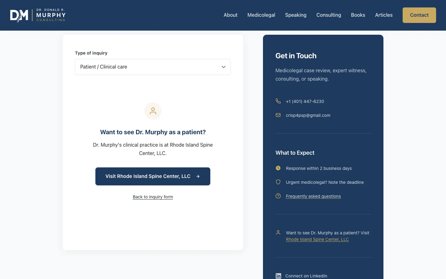 The contact form with Patient / Clinical care chosen: the form is replaced by “Want to see Dr. Murphy as a patient?” and a Visit Rhode Island Spine Center, LLC button.