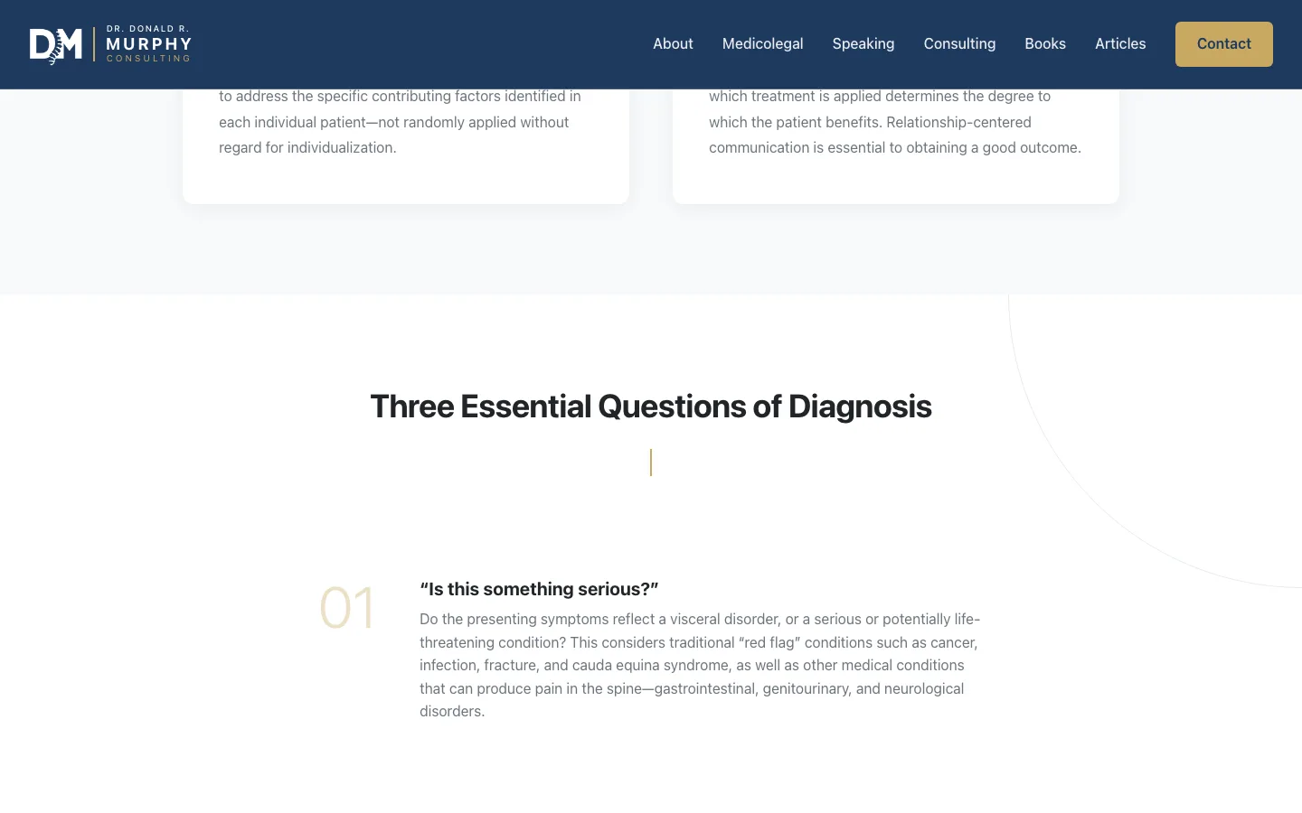 The CRISP page — 'Three Essential Questions of Diagnosis,' with step 01 'Is this something serious?' and its explanation, presented in the navy-and-gold system.