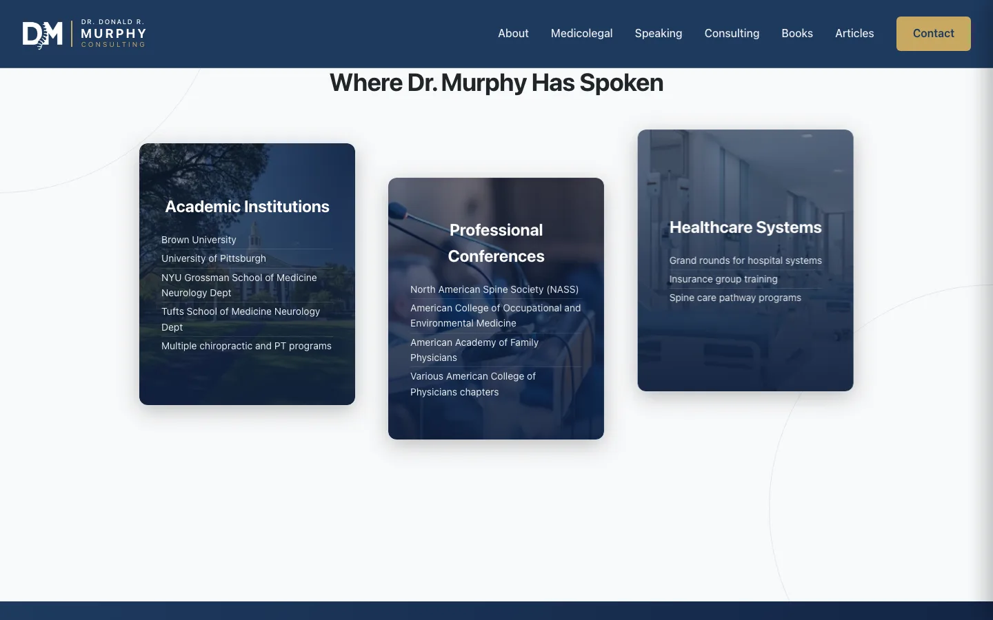 The speaking page — 'Where Dr. Murphy Has Spoken': cards for Academic Institutions (Brown University, University of Pittsburgh, NYU Grossman, Tufts), Professional Conferences (NASS, ACOEM, AAFP, ACP) and Healthcare Systems.