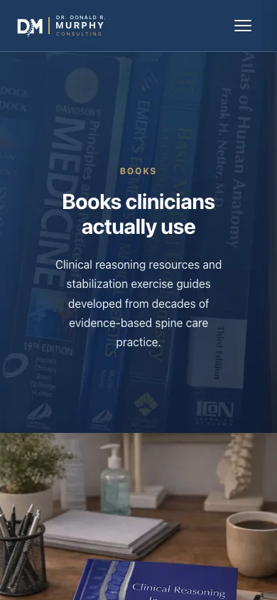 The books catalogue on a phone — Dr. Murphy's authored titles with cover art and buy links, rendered responsively.