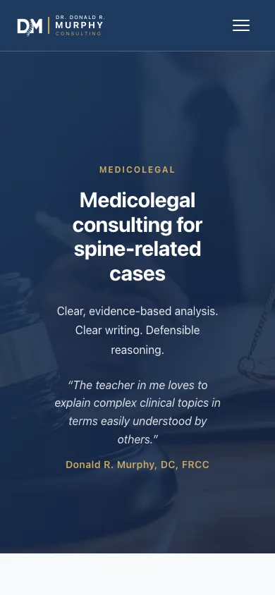 The medicolegal page on a phone — the Expert Witness and Case Review service cards, rendered responsively for the small screen.