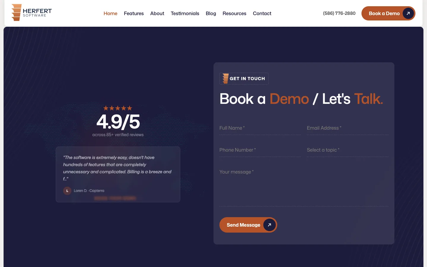 The home page’s “Book a demo / Let’s talk” form, with name, email, phone, topic and message fields beside a 4.9 out of 5 rating and a customer quote.