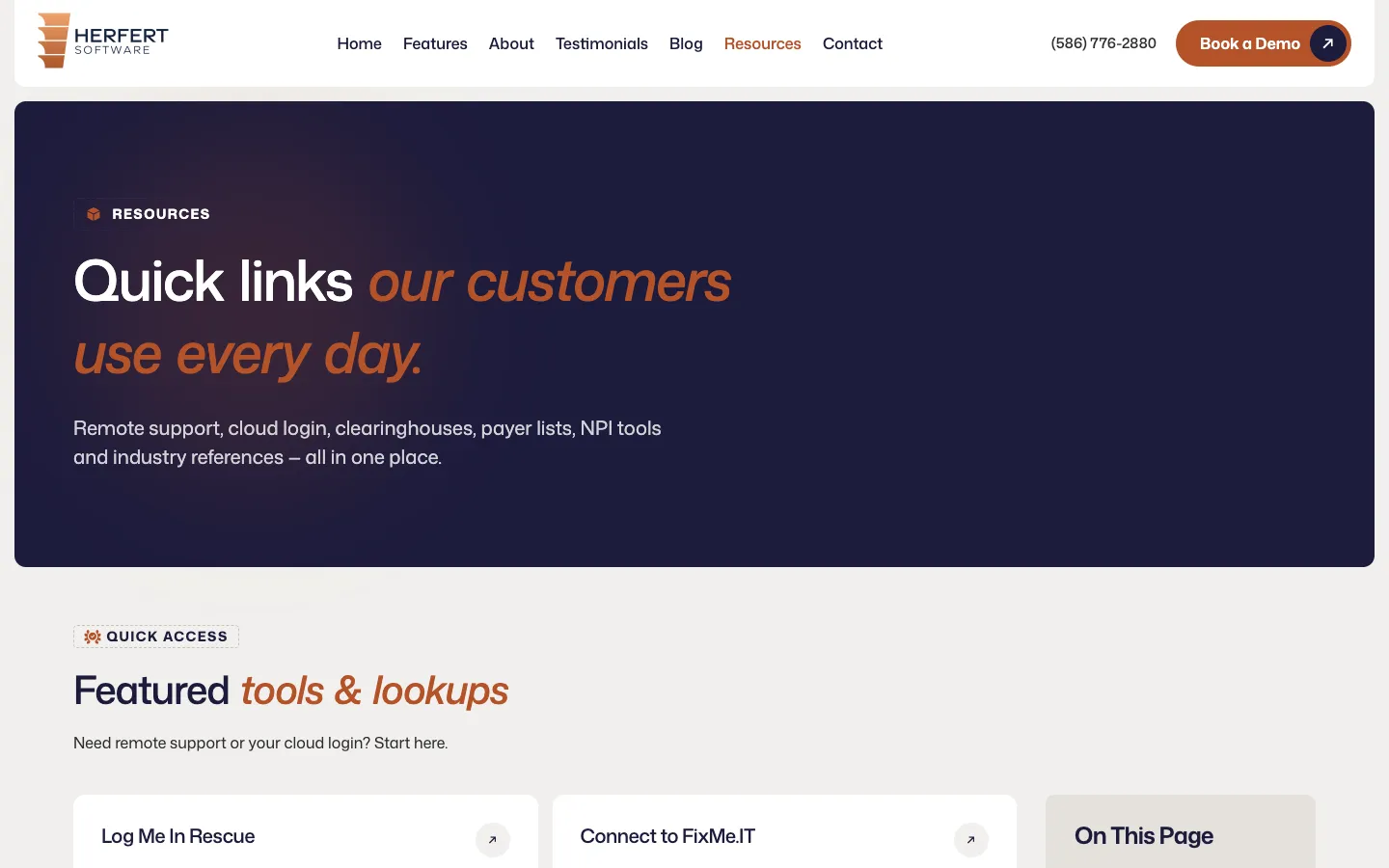 The resources page: “Quick links our customers use every day”, for remote support, cloud login, clearinghouses, payer lists and NPI tools.