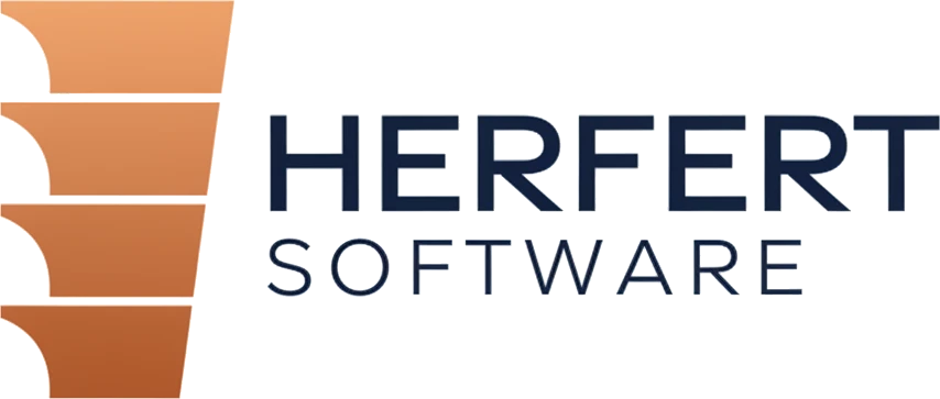 The refreshed Herfert Software logo: the same four stacked shapes in a single copper, with “HERFERT” in bold navy capitals over “SOFTWARE” in lighter, widely spaced capitals.