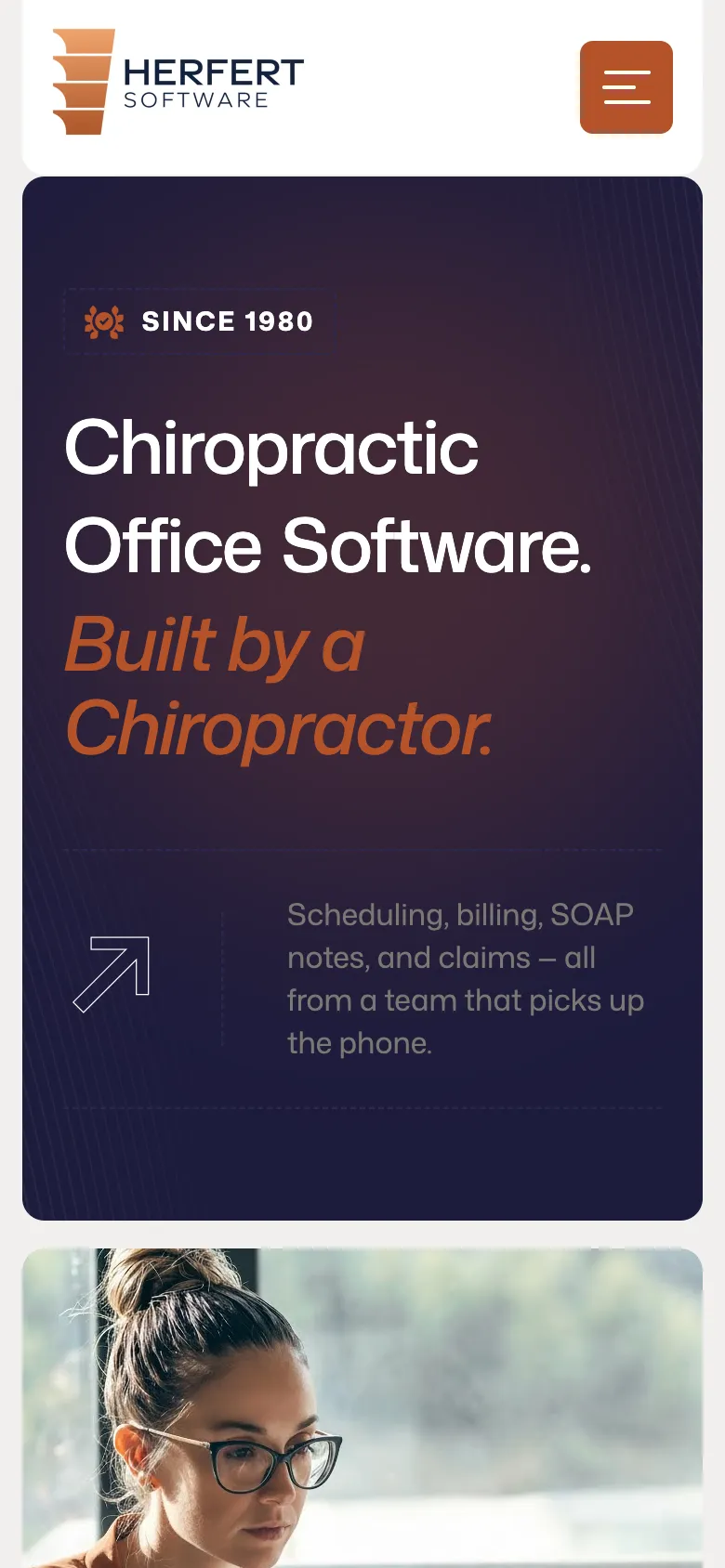 The Herfert Software home page on a phone: “Chiropractic office software. Built by a chiropractor.” under a Since 1980 badge.