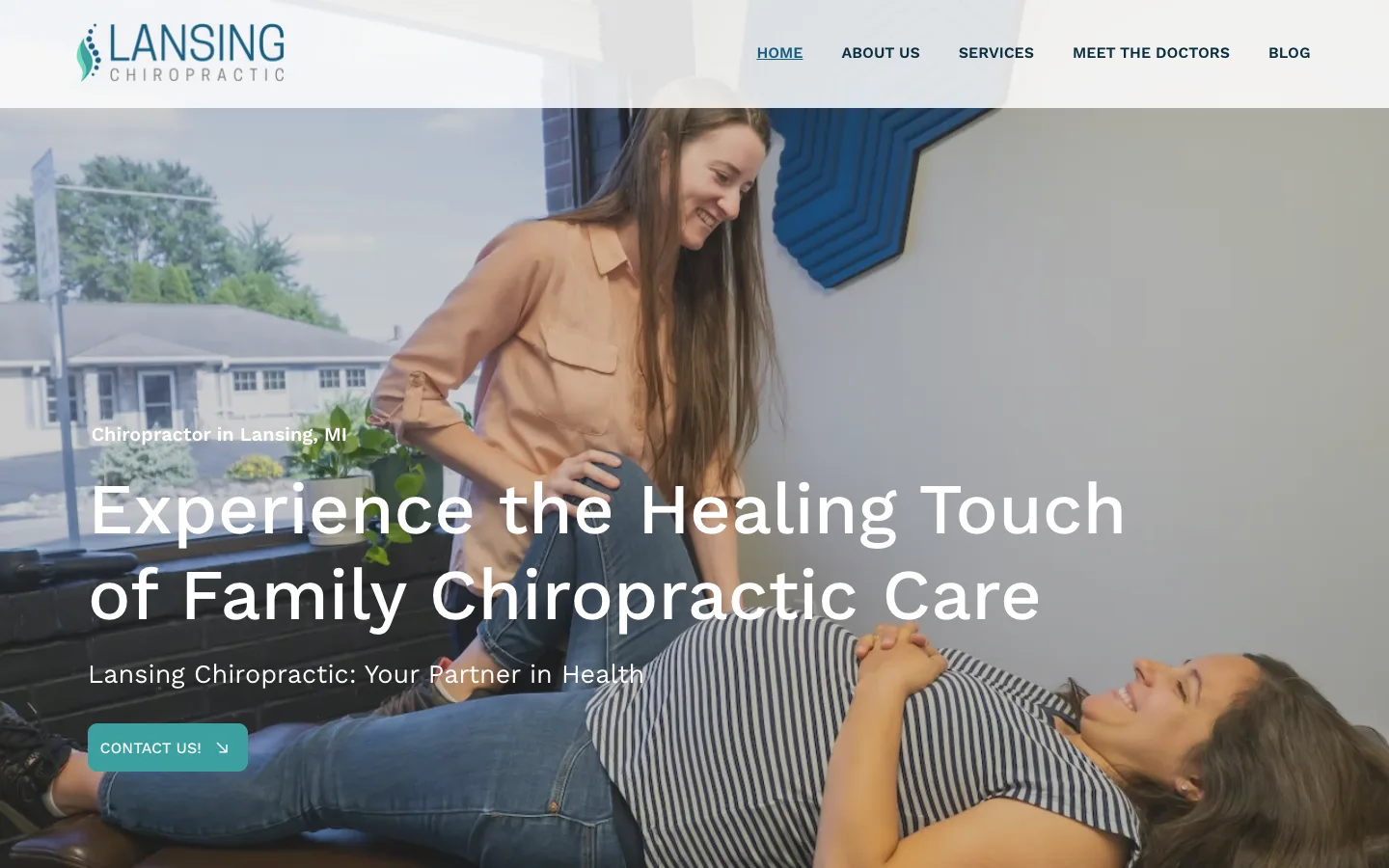 The previous Wix home page: the Lansing Chiropractic logo and a menu over a full-width photo of a chiropractor with a patient, headed “Experience the Healing Touch of Family Chiropractic Care”, with a Contact Us button.