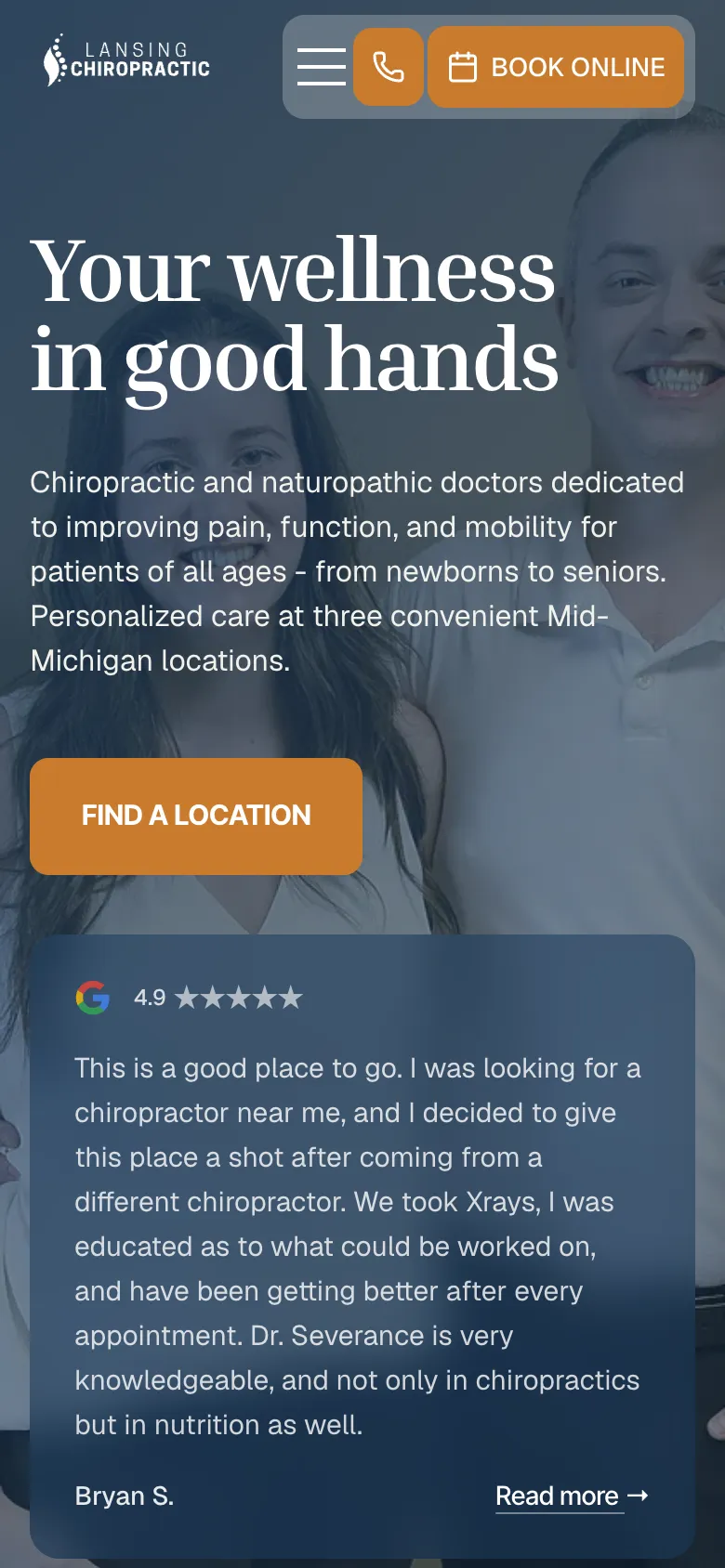 The Lansing Chiropractic home page on a phone: “Your wellness in good hands”, with a Find a location button and a patient review card.