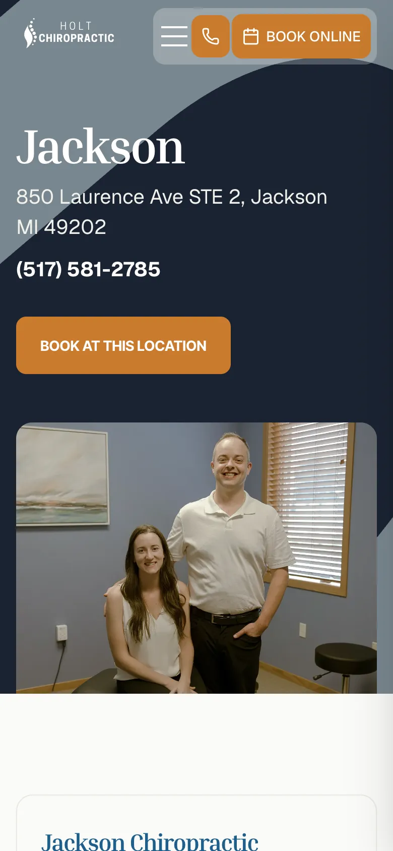 The Jackson location page on a phone, with the office address, phone number and a Book at this location button above a team photo.