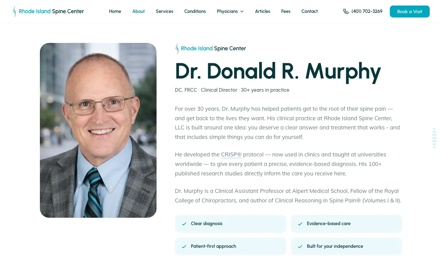 The clinic's About page introducing Dr. Donald R. Murphy, DC — the clinician behind Rhode Island Spine Center and the bridge to his professional brand.