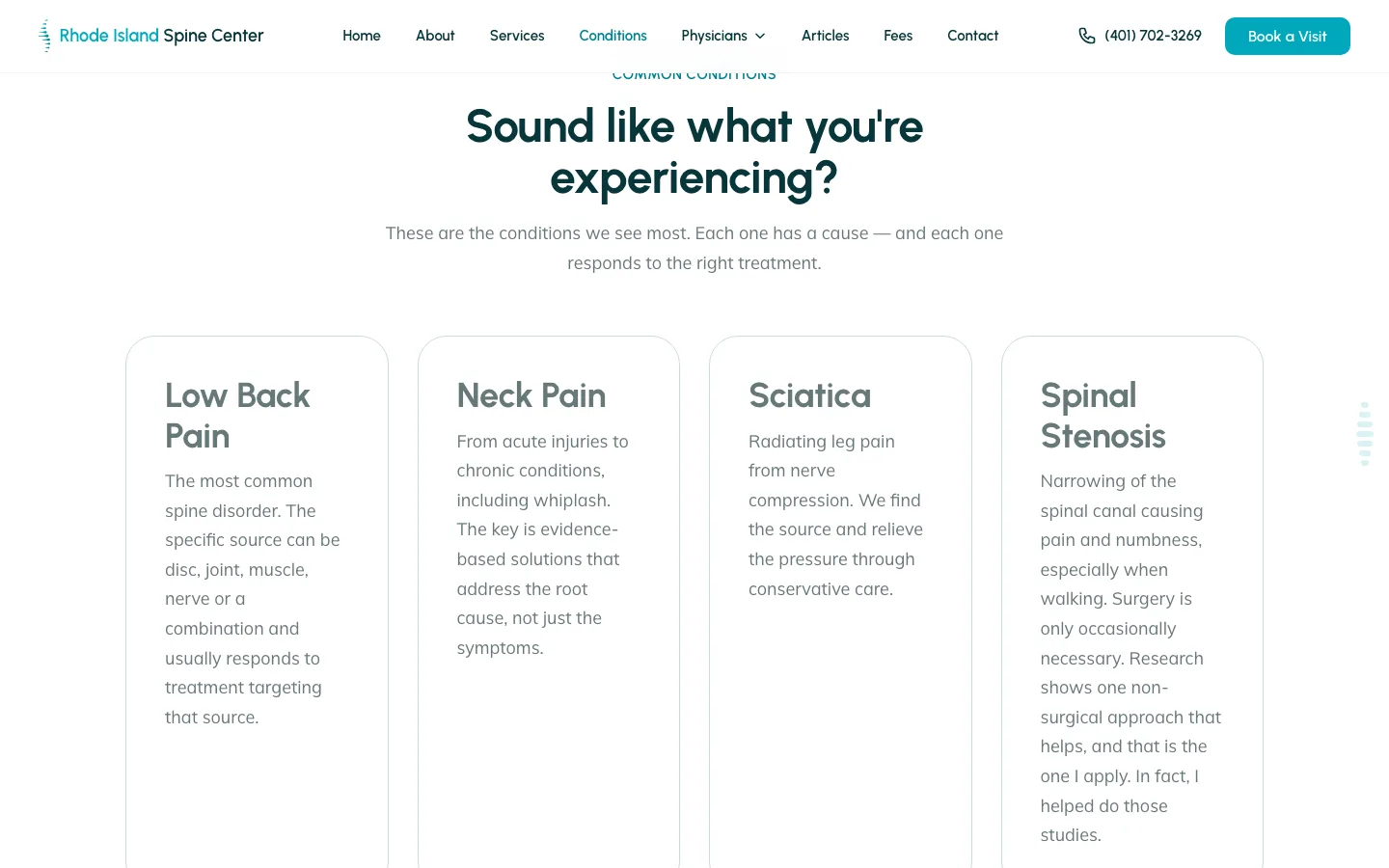 The condition cards grid — 'Sound like what you're experiencing?' with Low Back Pain, Neck Pain, Sciatica and Spinal Stenosis cards, the stenosis card citing Dr. Murphy's own research.
