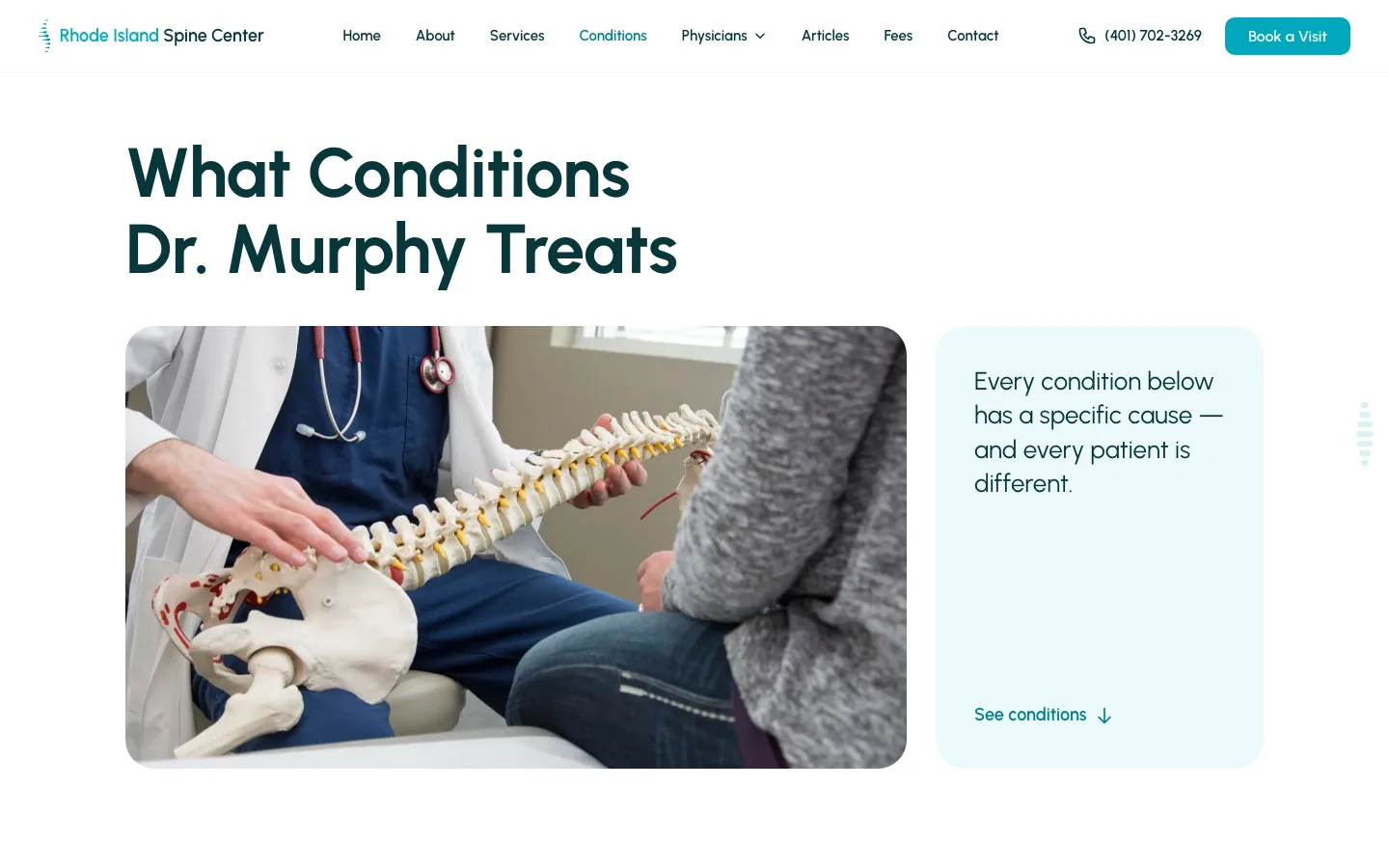 The conditions overview — 'What Conditions Dr. Murphy Treats' beside a spine-model consultation photo, with the line 'every condition has a specific cause.'