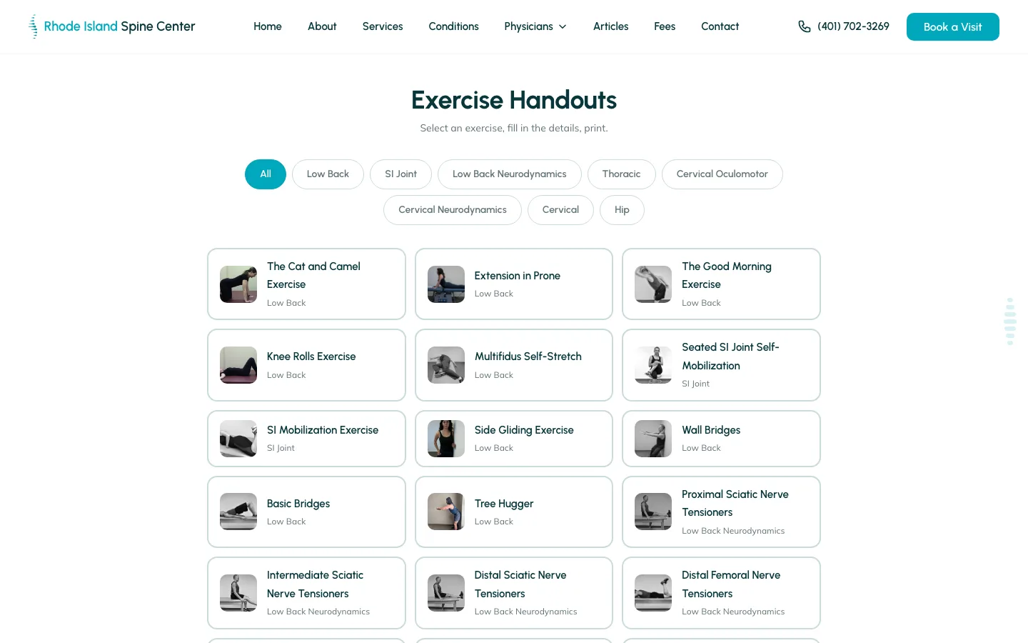 The exercise-handout tool — category filter pills (All, Low Back, SI Joint, Thoracic, Cervical, Hip and more) above a grid of exercises with thumbnails.