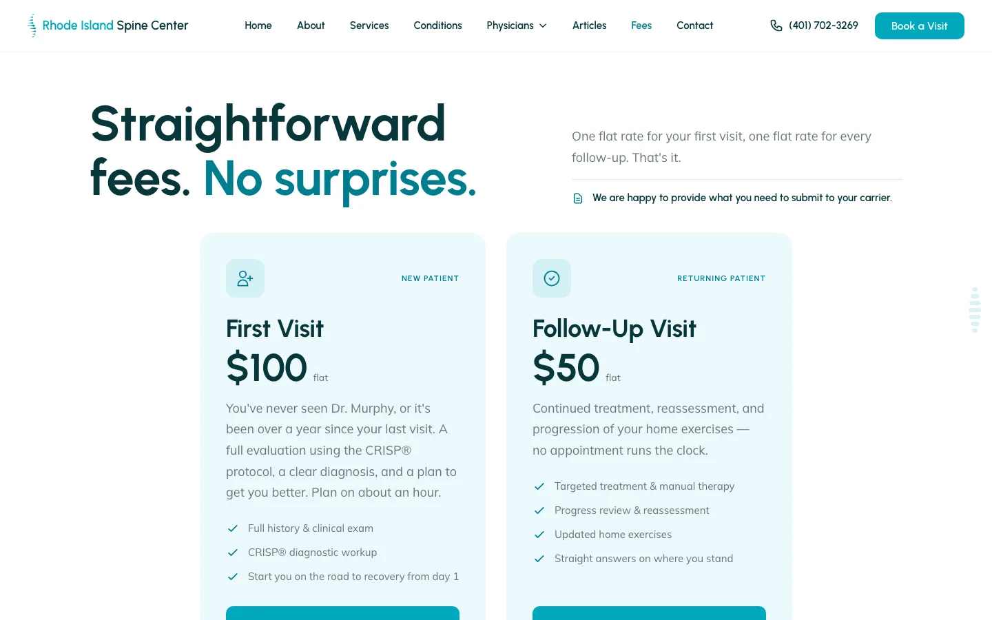 The transparent fees page — a flat $100 first visit and $50 follow-up, out-of-network, stated plainly with no hidden pricing.