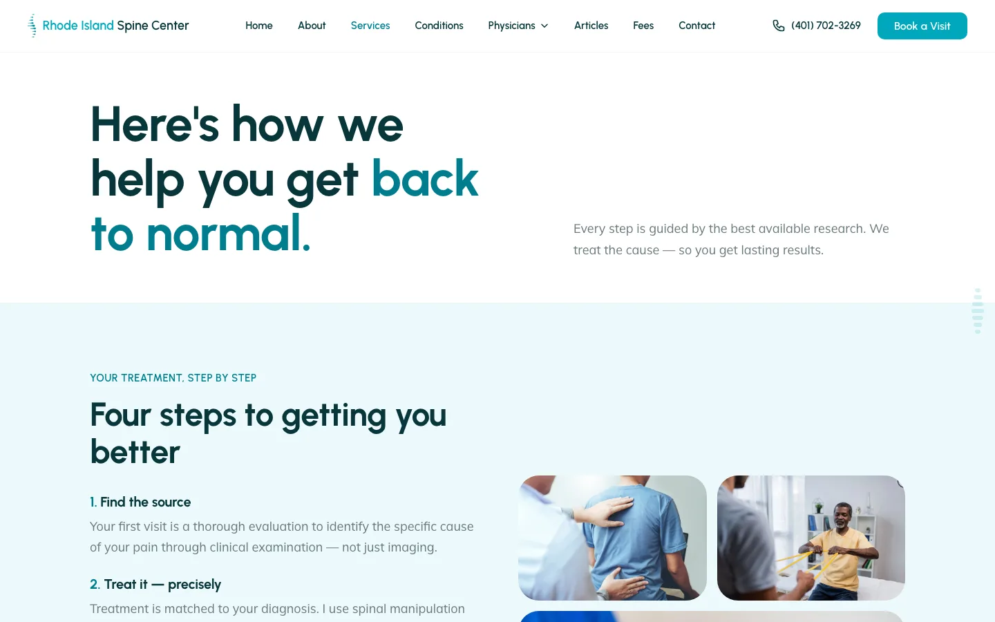 The clinic services page — 'Here's how we help you get back to normal' and 'Four steps to getting you better' laid out in big rounded teal cards.