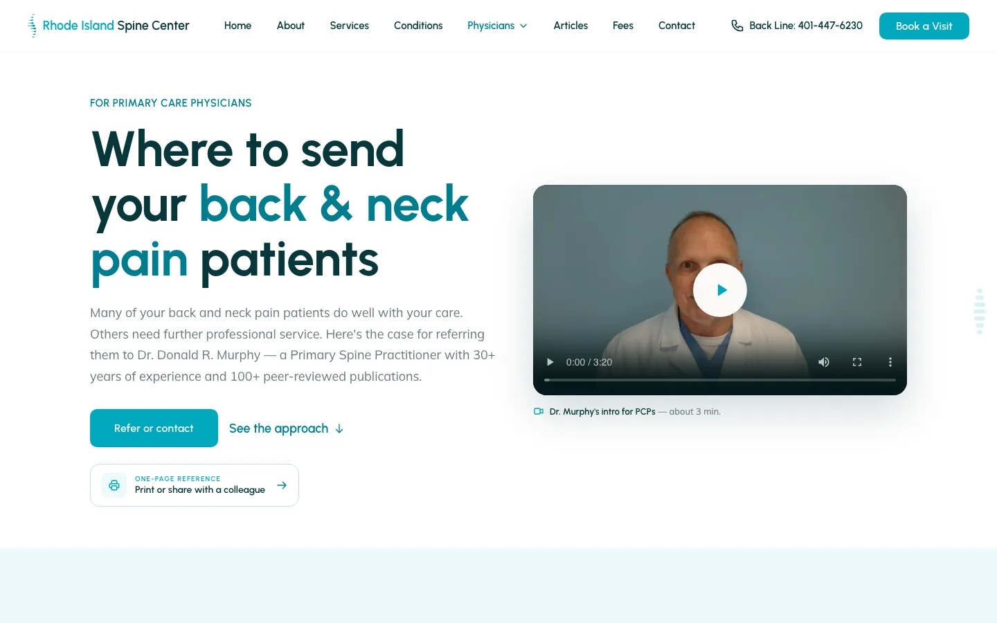 The physician-referral page — 'Where to send your back & neck pain patients,' an embedded Dr. Murphy intro video for PCPs, a 'Back Line' phone number and a printable one-page reference.