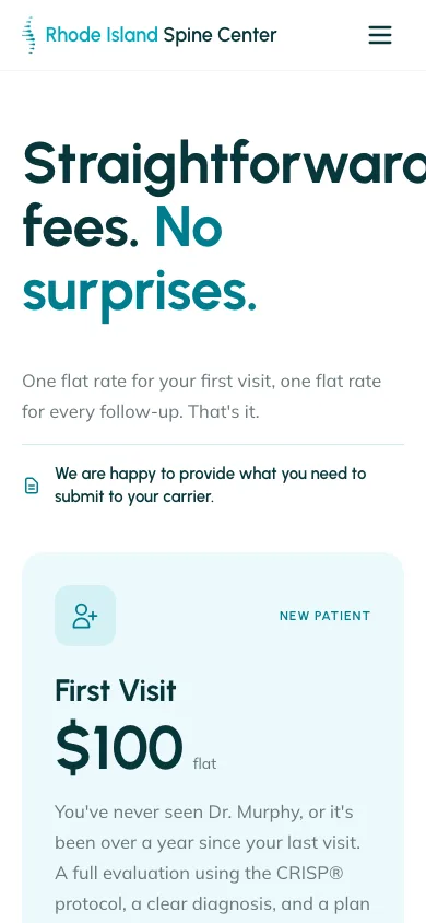 The fees page on a phone — 'Straightforward fees. No surprises.' with a First Visit $100 flat card, mobile-first.