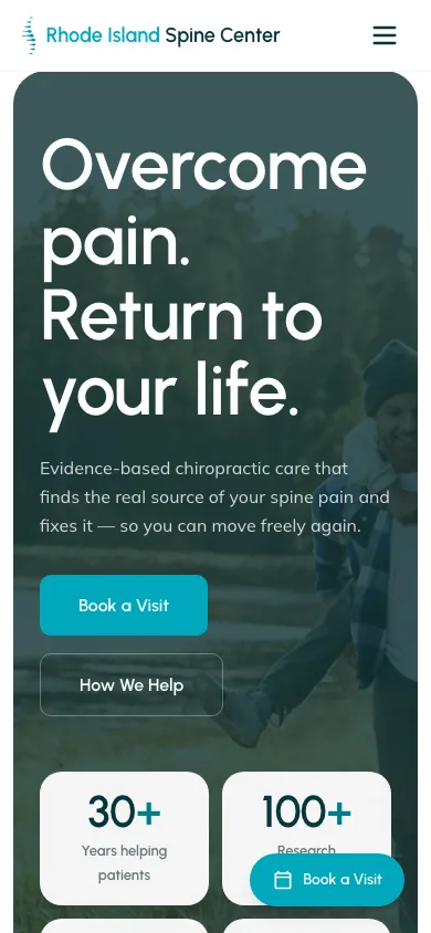 The clinic home page on a phone — the teal 'Overcome pain. Return to your life.' hero with a hamburger nav, rendered mobile-first.