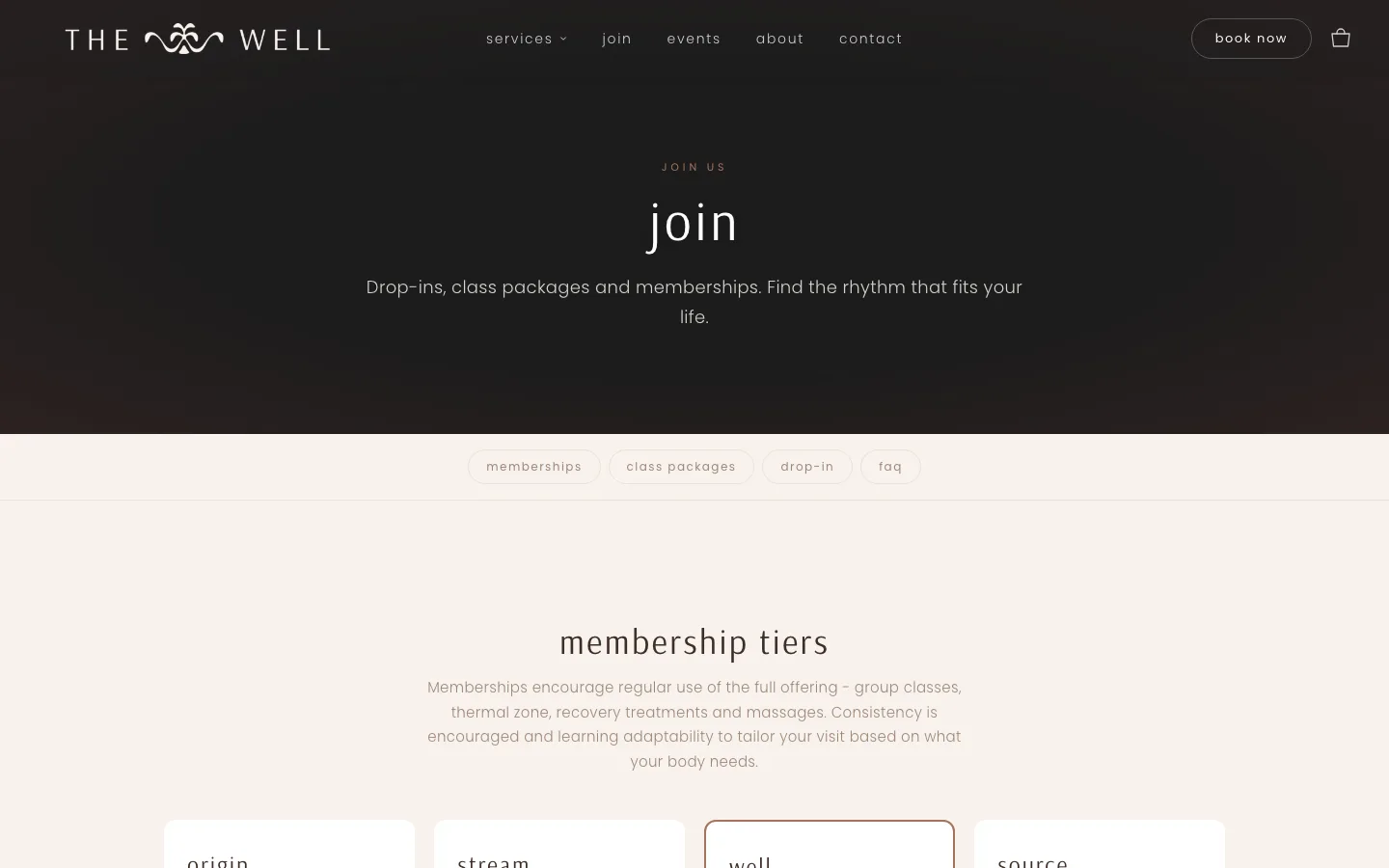 The membership tiers page — the four tiers Origin, Stream, Well and Source laid out for comparison.