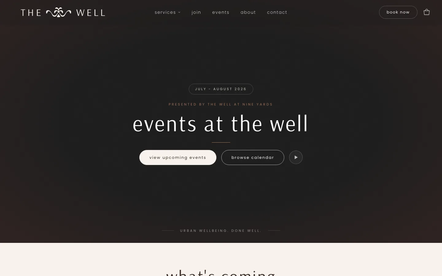 The events page — live, editorially-presented upcoming events hydrated from the Rezerv timetable.
