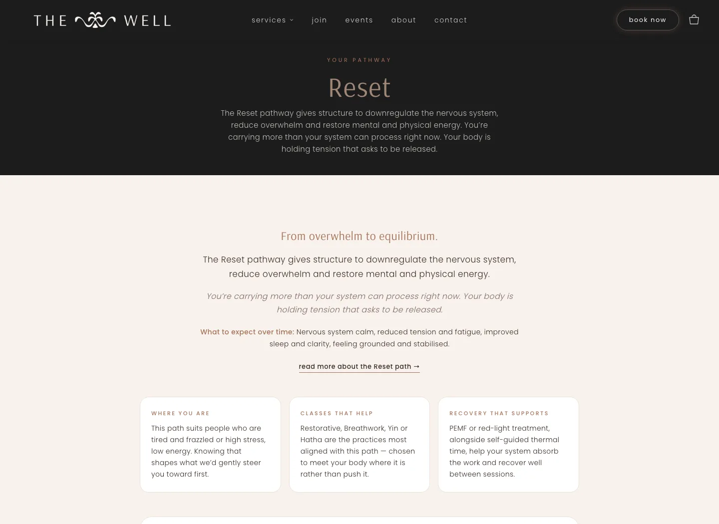 The quiz result — 'YOUR PATHWAY — Reset' with a personalised 'why this matched' line and three education cards, no prices.