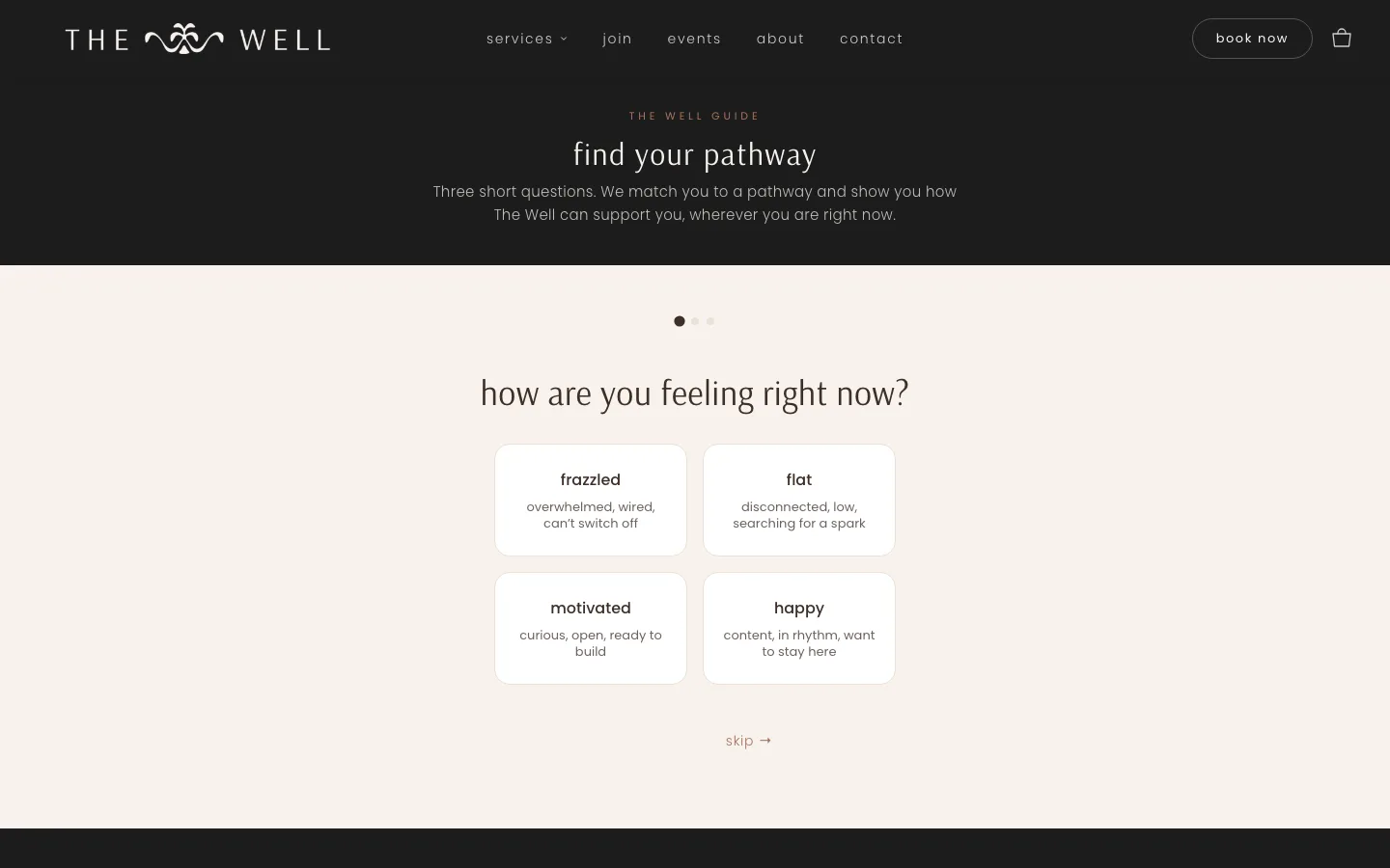 The Well Guide quiz — 'find your pathway / how are you feeling right now?' with feeling options to choose from.