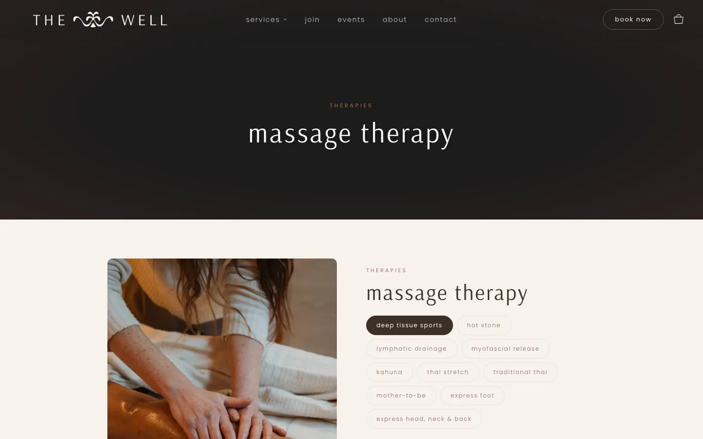 The massage menu — deep tissue, hot stone, lymphatic, Kahuna, Thai, mother-to-be and more.