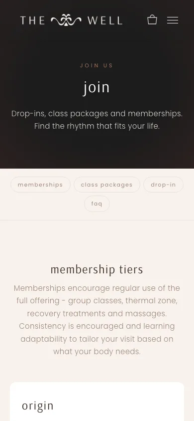 The membership tiers on a phone — Origin, Stream, Well and Source, mobile-first.