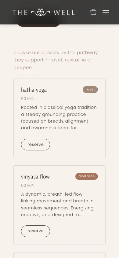 The by-pathway live class list on a phone — Reset/Revitalise/Deepen chips on upcoming classes, mobile-first.