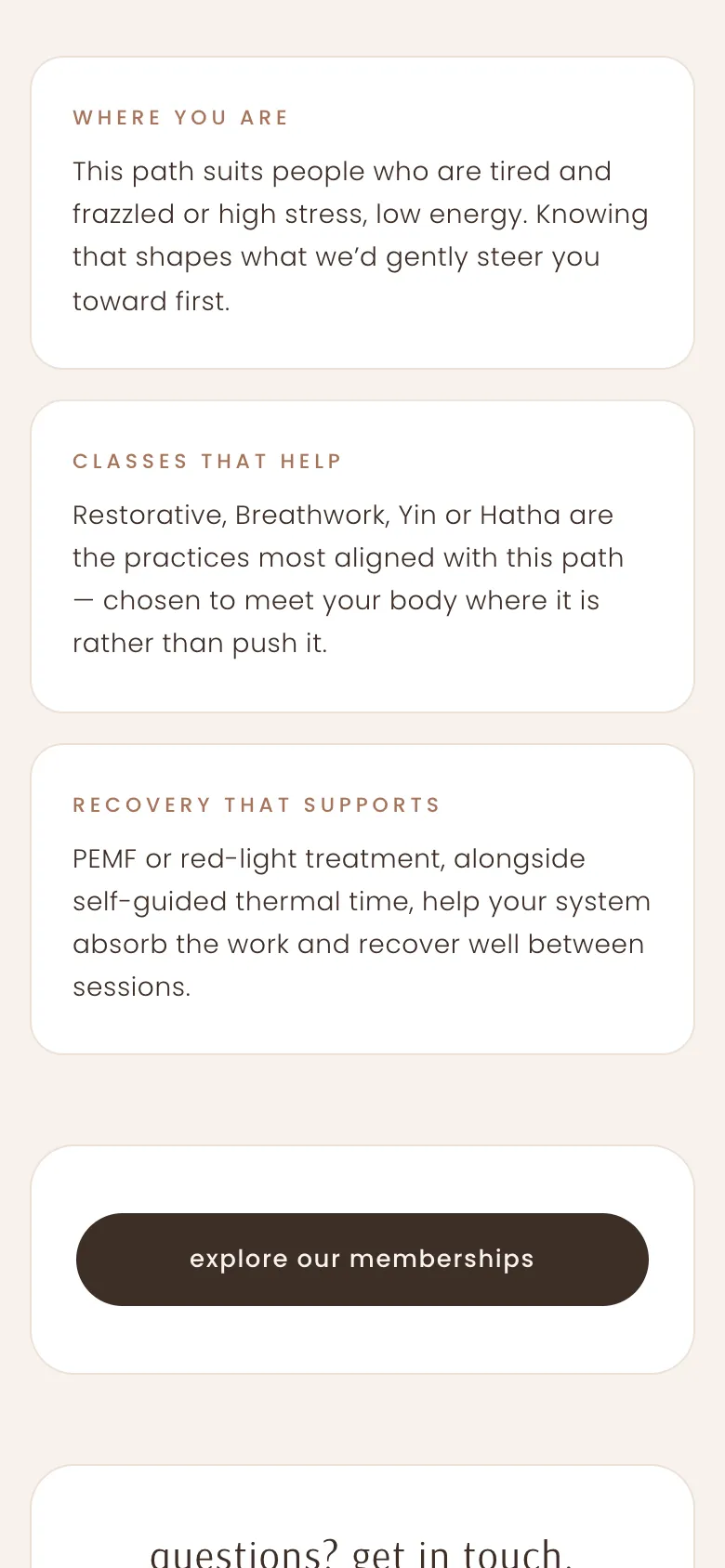 The result’s three education cards, Where you are, Classes that help and Recovery that supports, above one “explore our memberships” button.