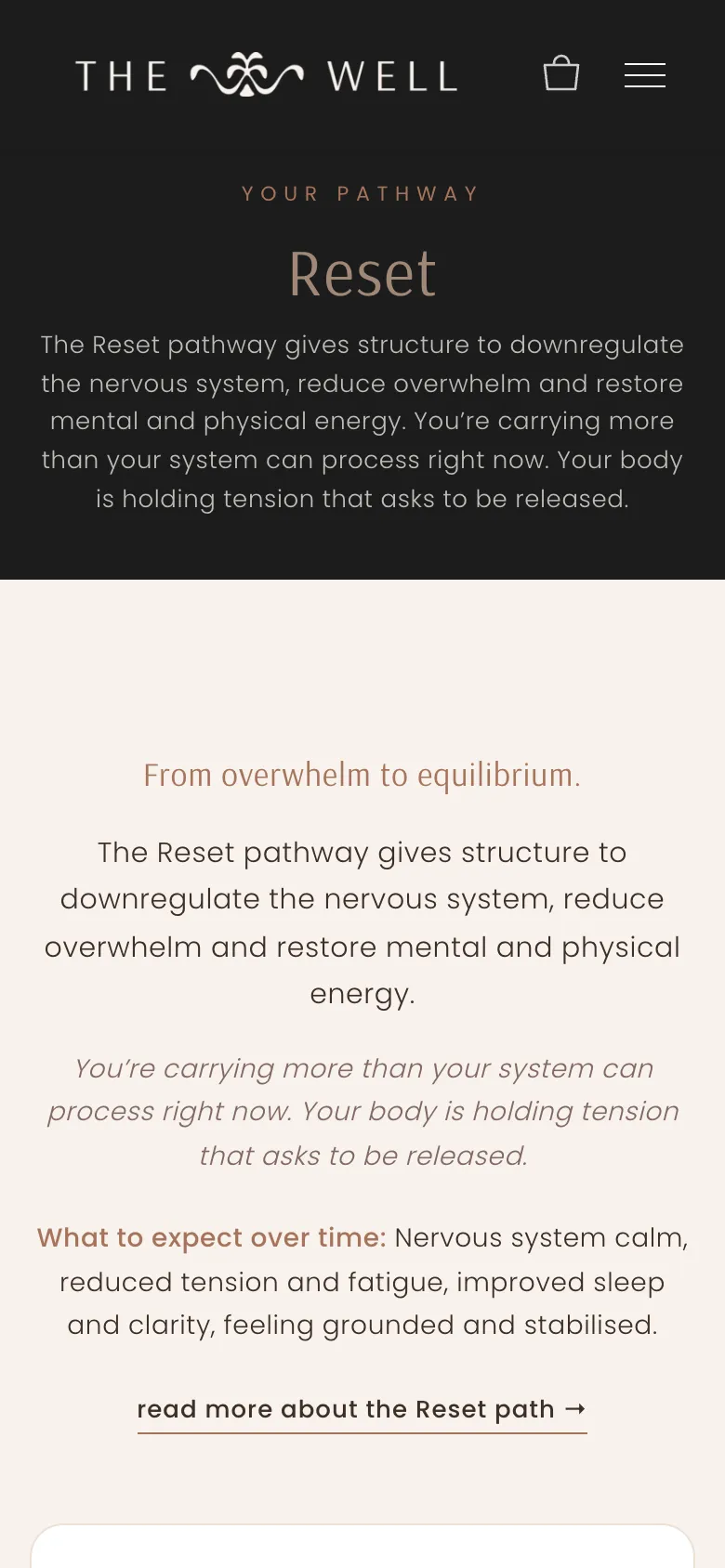 The quiz result on a phone: “Your pathway: Reset”, with a description of what the Reset pathway does and what to expect over time.