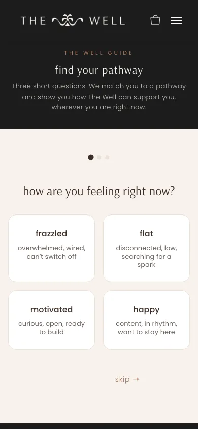 The Well Guide quiz on a phone — the 'how are you feeling right now?' question, designed mobile-first.
