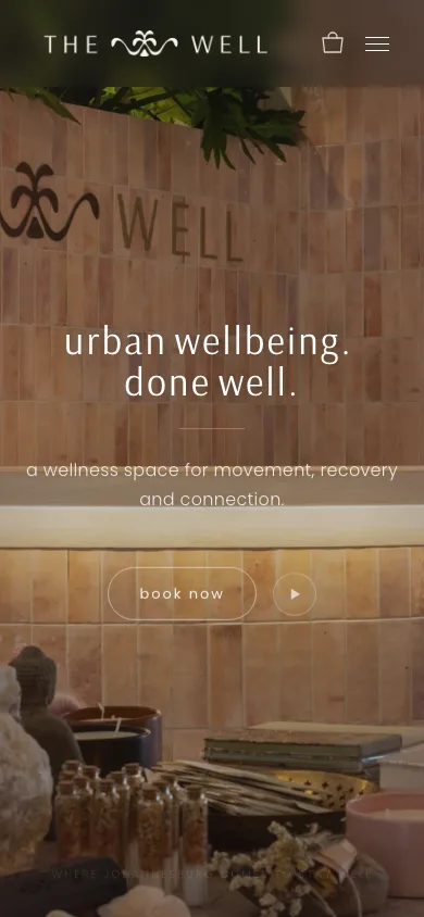 The Well home page on a phone — the cinematic hero and editorial homepage rendered mobile-first.