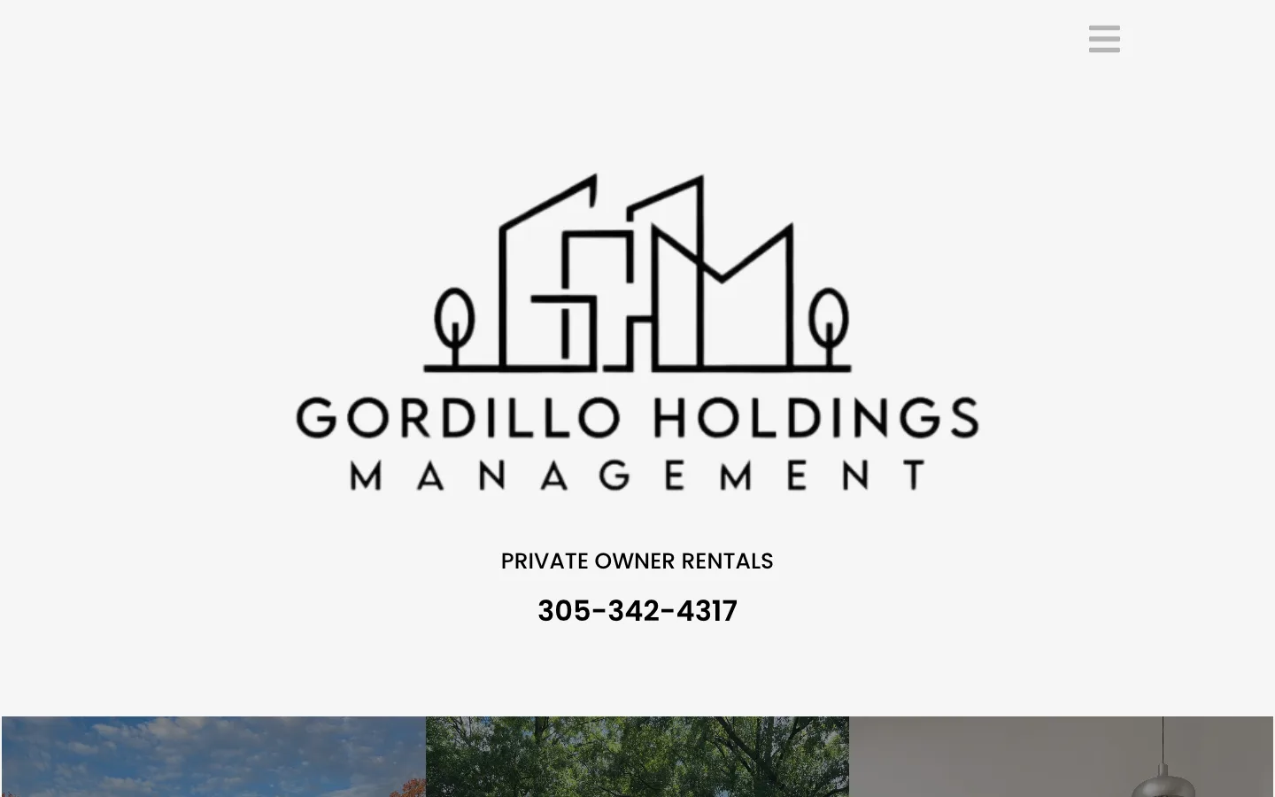 The owner’s previous site, Gordillo Holdings Management: a line-drawn logo of buildings and trees, “Private owner rentals” and a phone number, above a row of property photos.