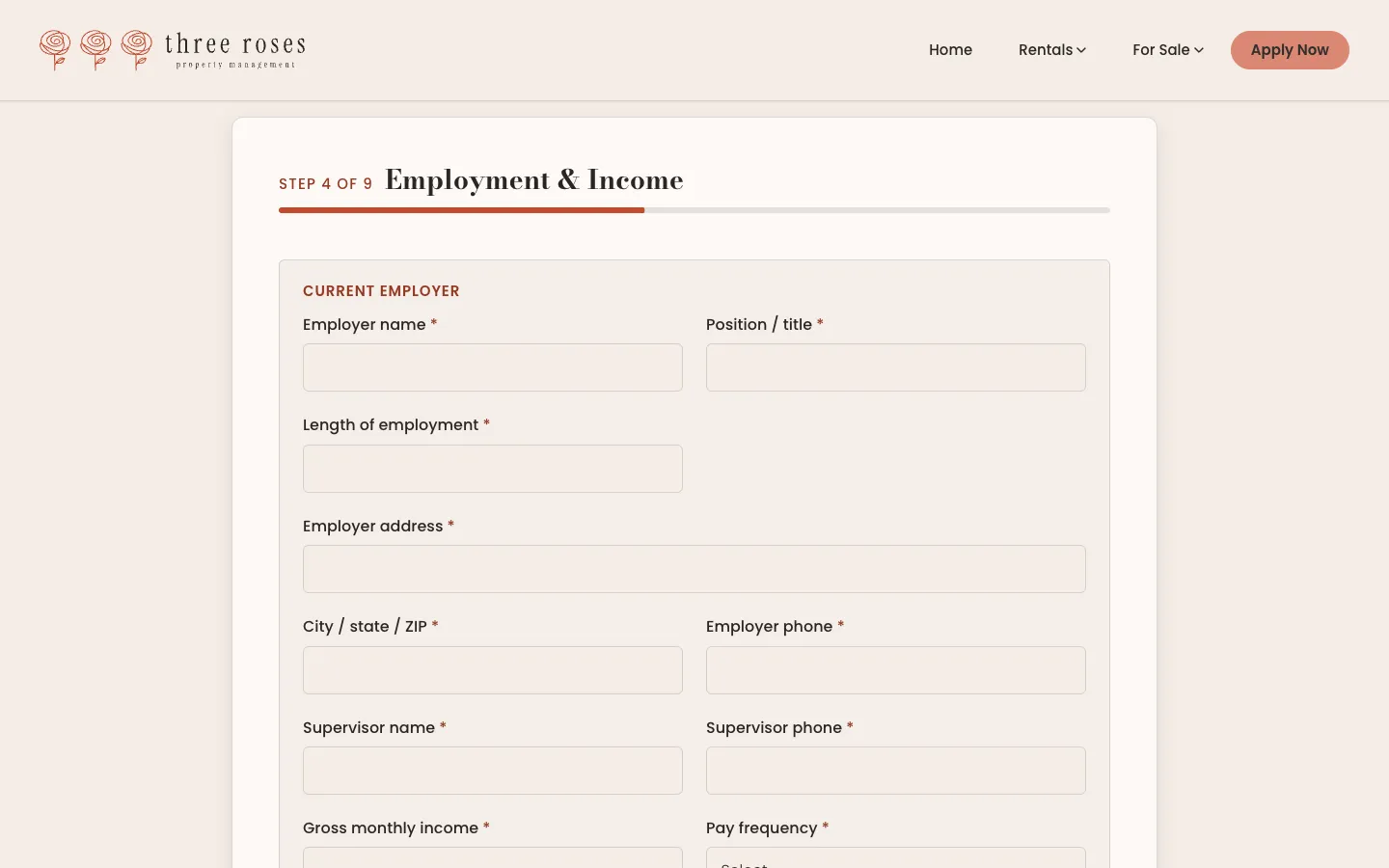 Step 4 of 9, “Employment & Income”, empty: the Current employer card with employer name, position and length of employment fields.
