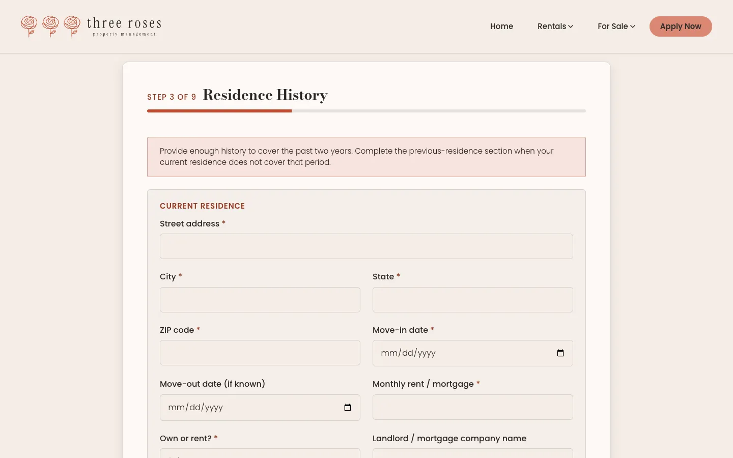 Step 3 of 9, “Residence History”, empty: a note asking for two years of history above the current residence fields for street, city, state, ZIP, move-in date and monthly rent.
