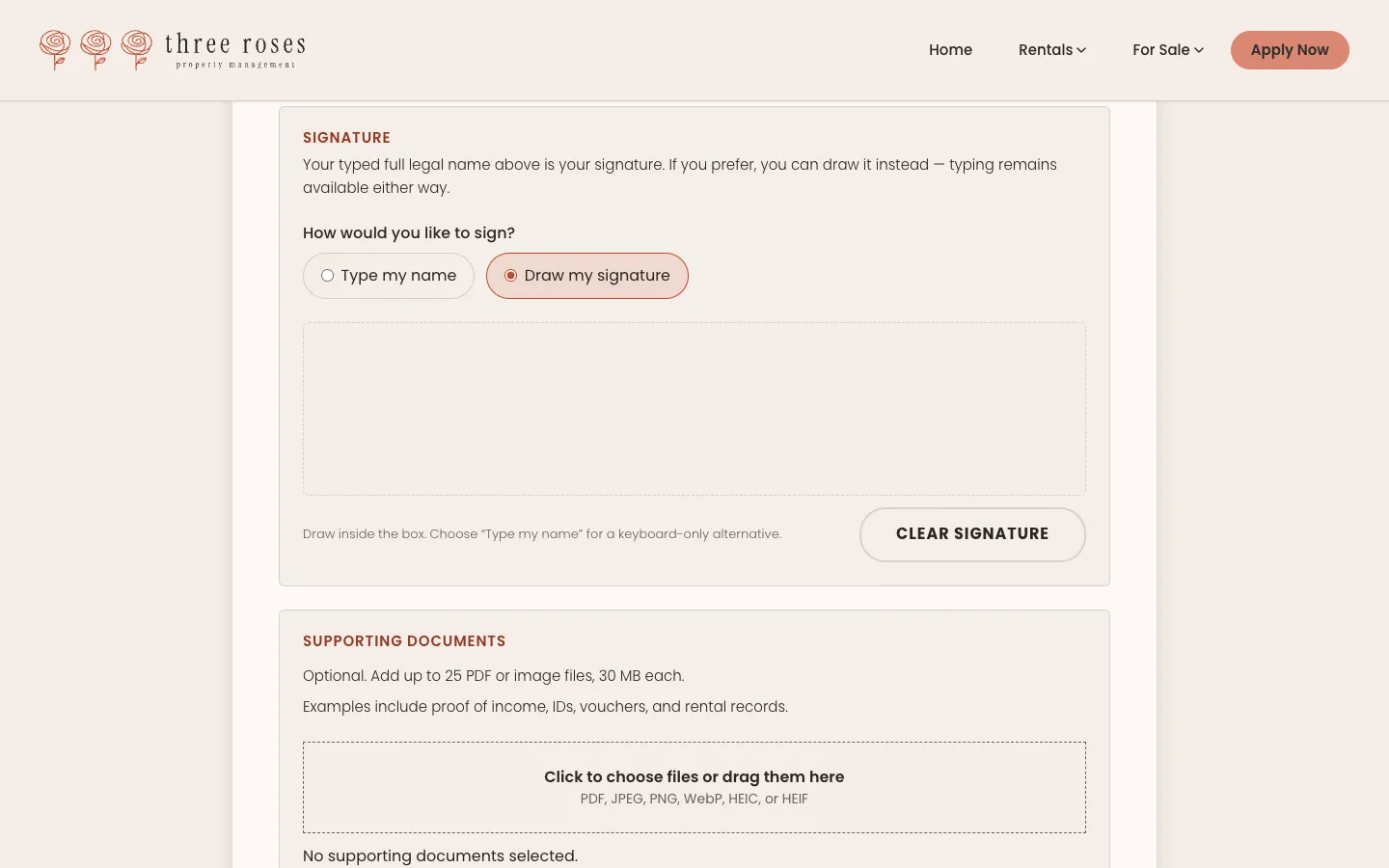 The final step, empty: a Signature section with Type my name and Draw my signature options and a blank drawing area, above the Supporting documents upload area.