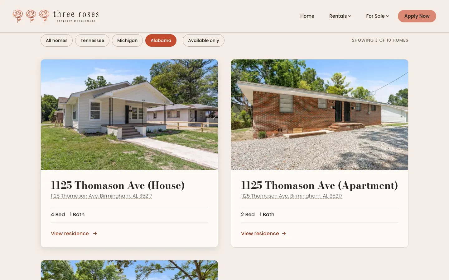 The rentals catalog filtered to Alabama, showing 3 of 10 homes, starting with the 1125 Thomason Ave house and apartment in Birmingham.