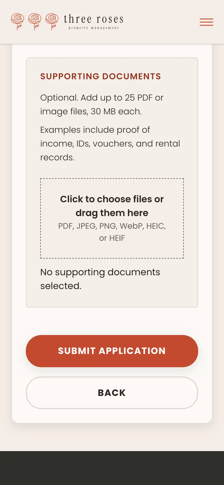 The empty Supporting documents step on a phone: up to 25 PDF or image files, 30 MB each, with a “Click to choose files or drag them here” area and a Submit application button.