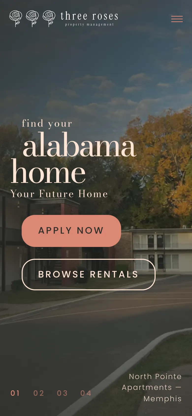 The Three Roses home page on a phone, with the “find your alabama home” hero and Apply now and Browse rentals buttons.