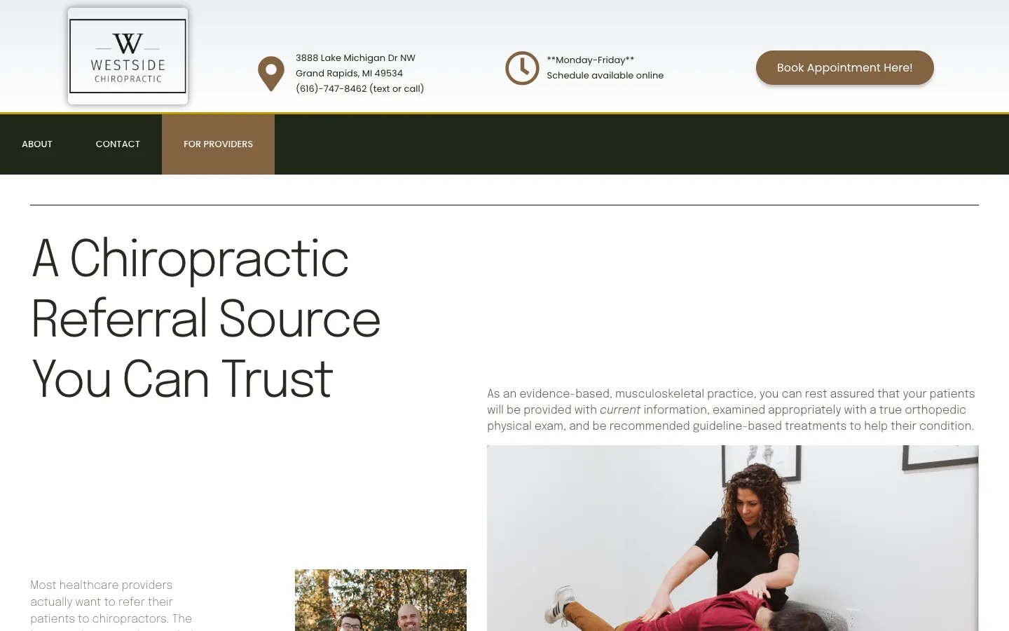 The original For Providers page: a thin headline, “A chiropractic referral source you can trust”, with a paragraph and a photo.